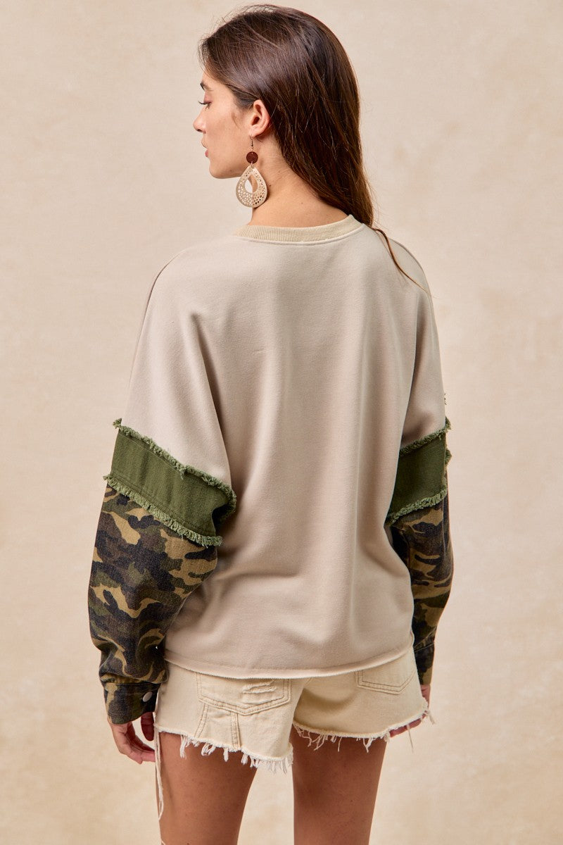 Camo Contrast Sleeve Sweatshirt