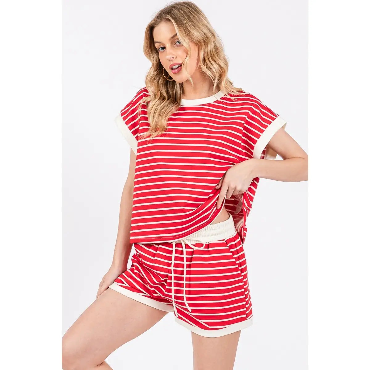 Contrast Striped Round Neck Top & Shorts Set