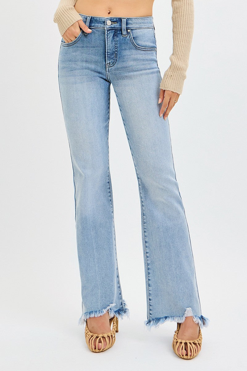 Tummy Control Mid Rise Flare Fray Hem Detailed