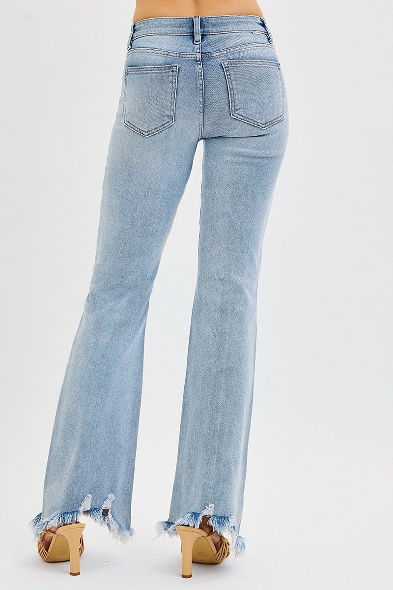 Tummy Control Mid Rise Flare Fray Hem Detailed