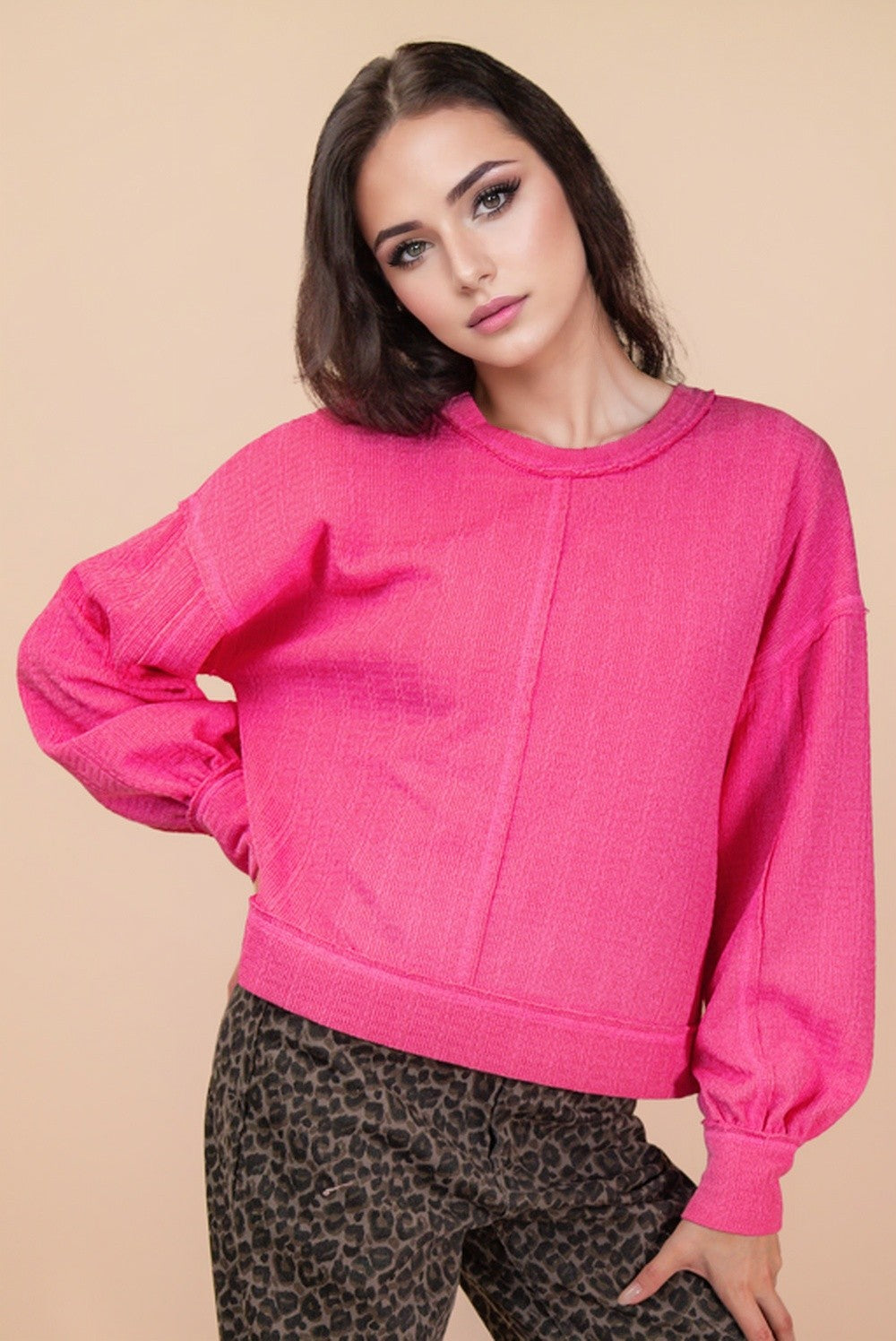 Raw Edge Detail Oversized Textured Knit Top