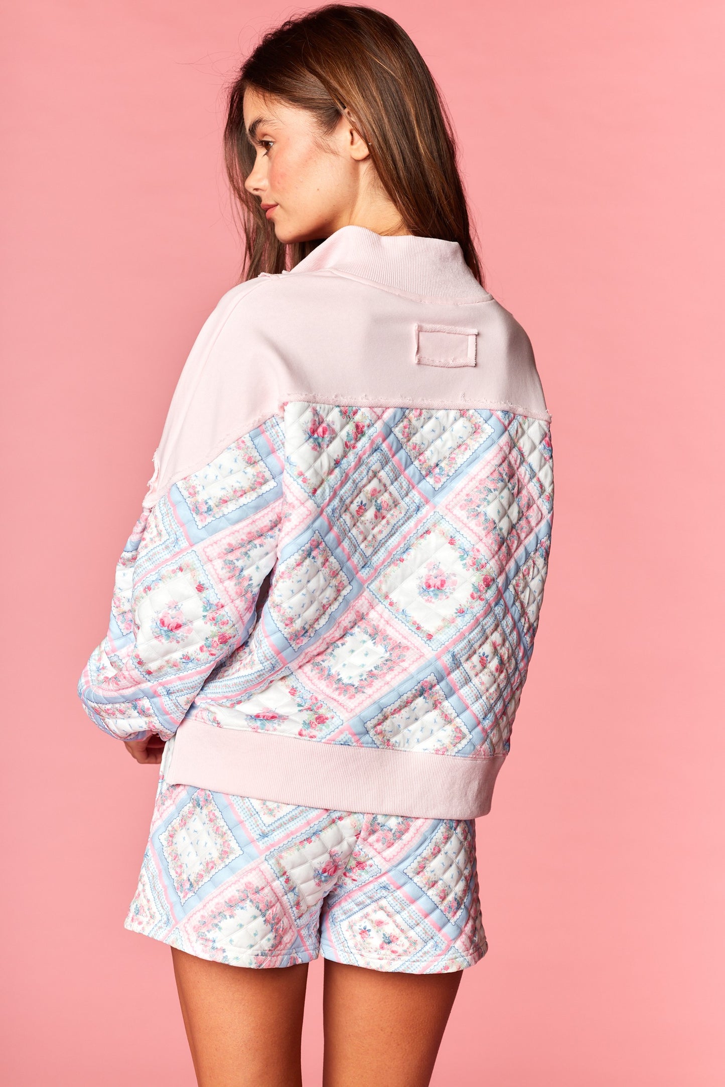 Pastel Patchwork Quilted Half-zip Top & Shorts Set