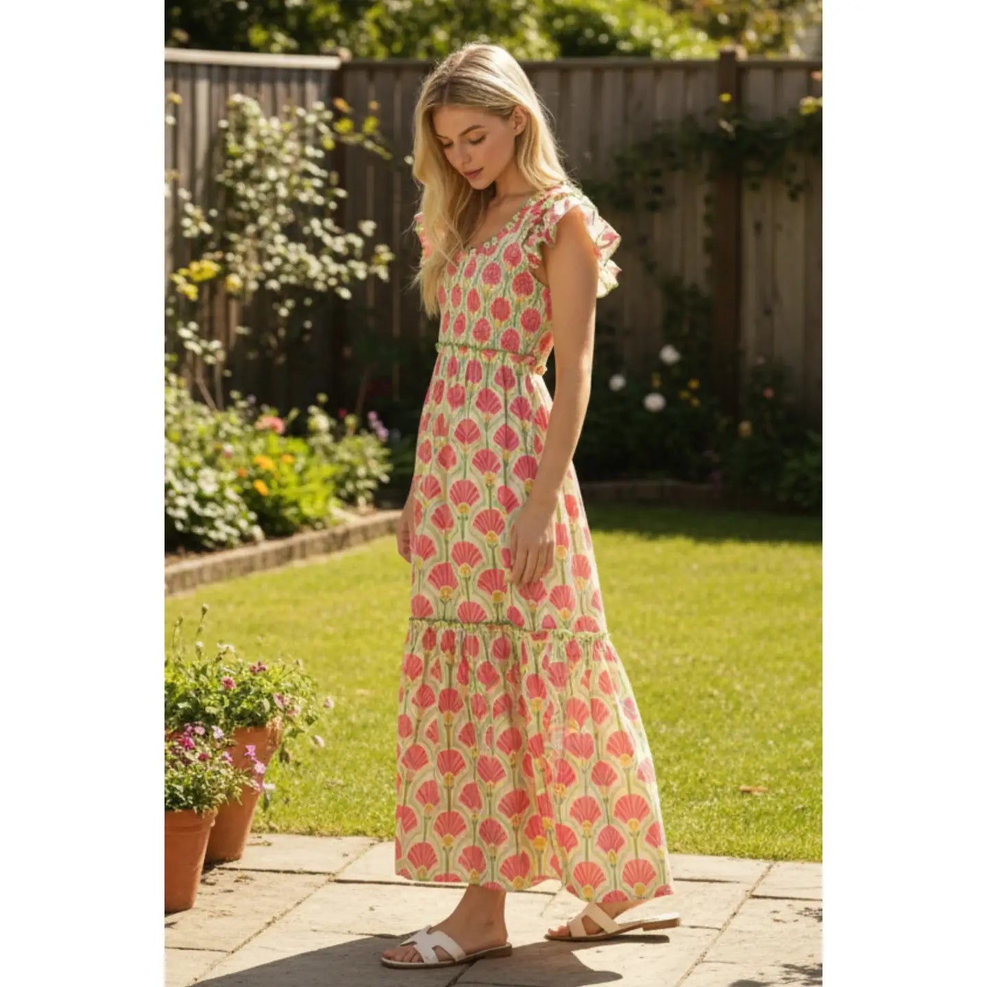 Bold Floral Print Maxi Dress with Ruffle Sleeves