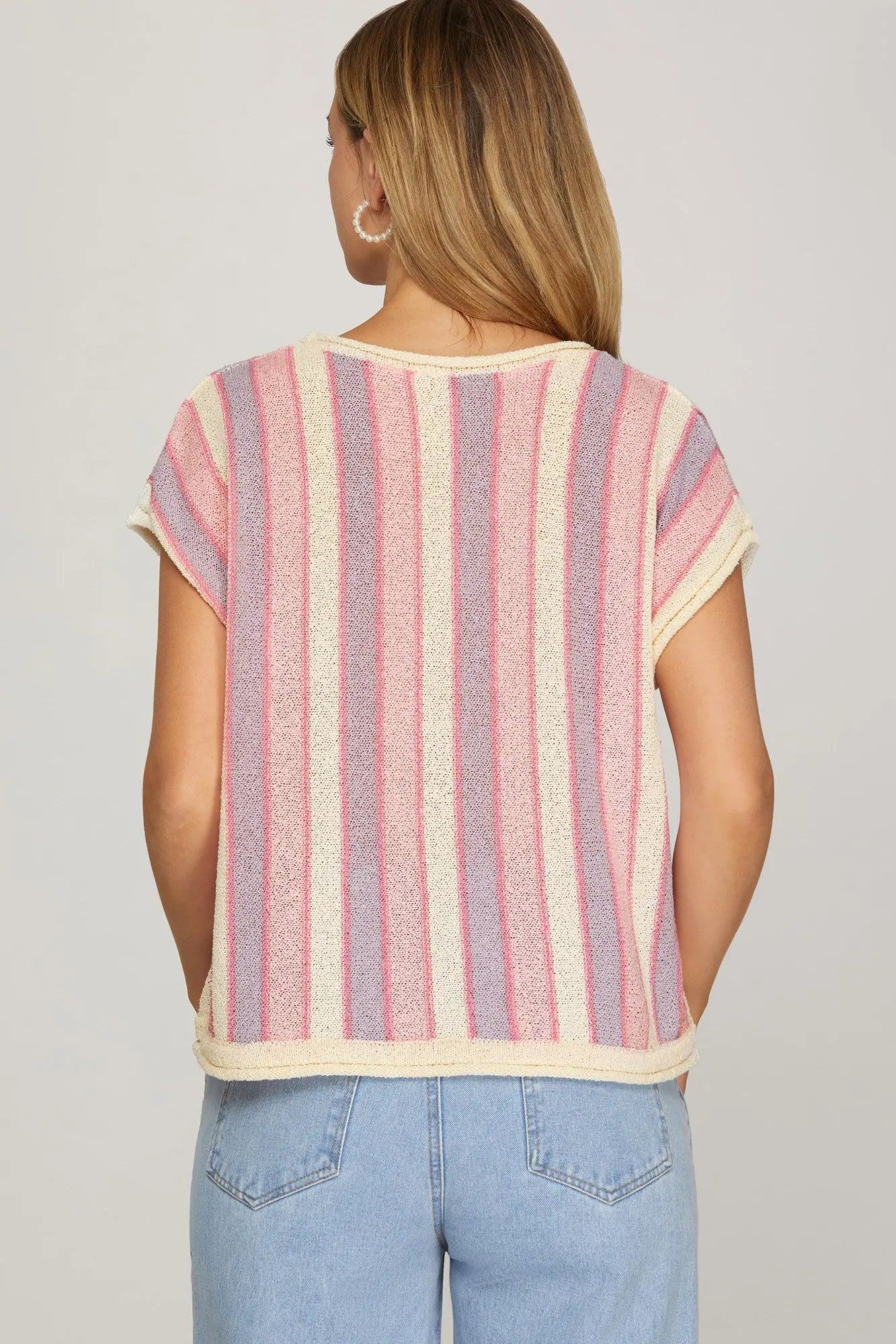 DROP SHOULDER SHORT SLEEVE STRIPED KNIT SWEATER