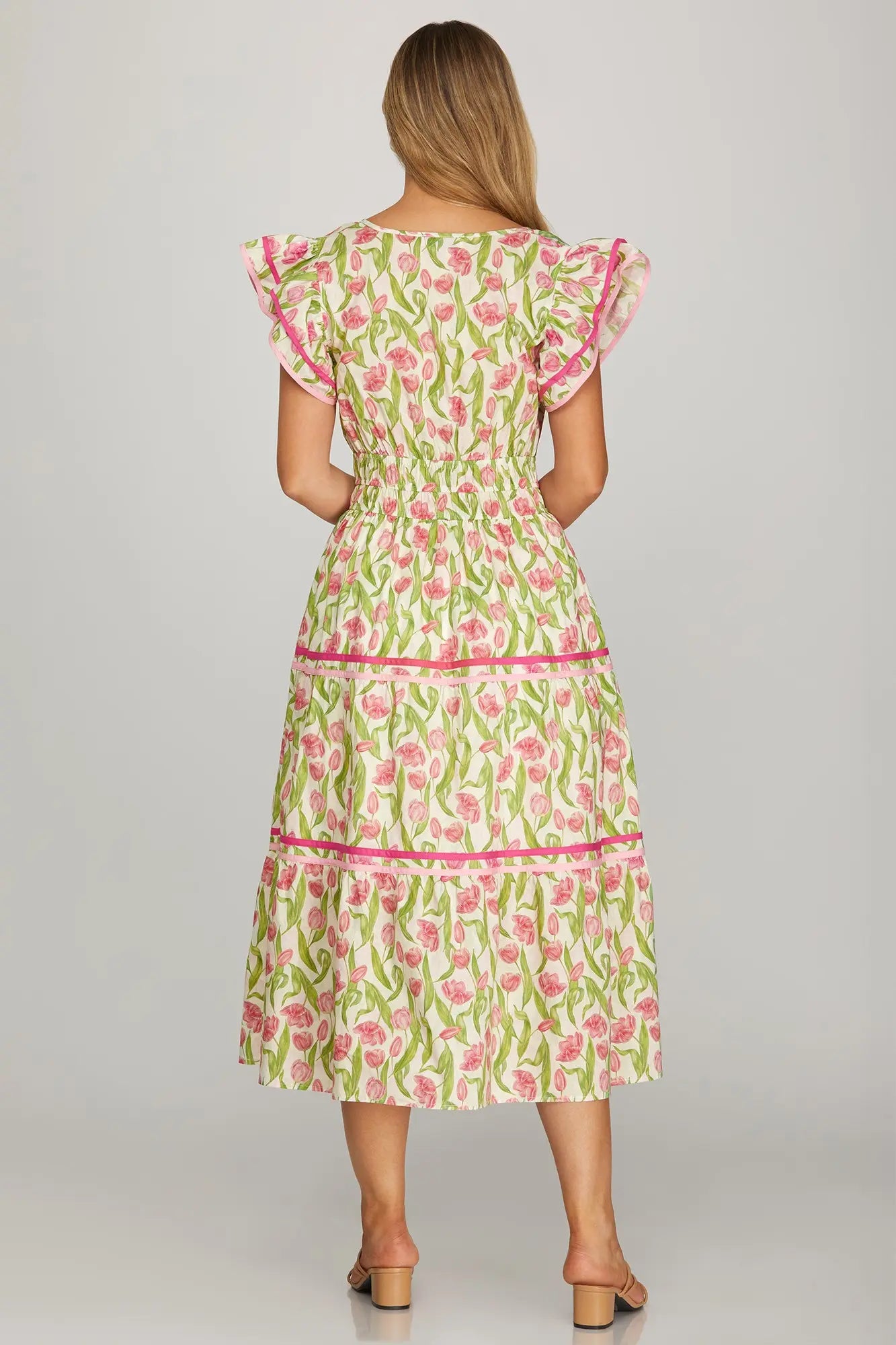RUFFLE SLEEVE WOVEN FLORAL PRINT TIERED MIDI DRESS