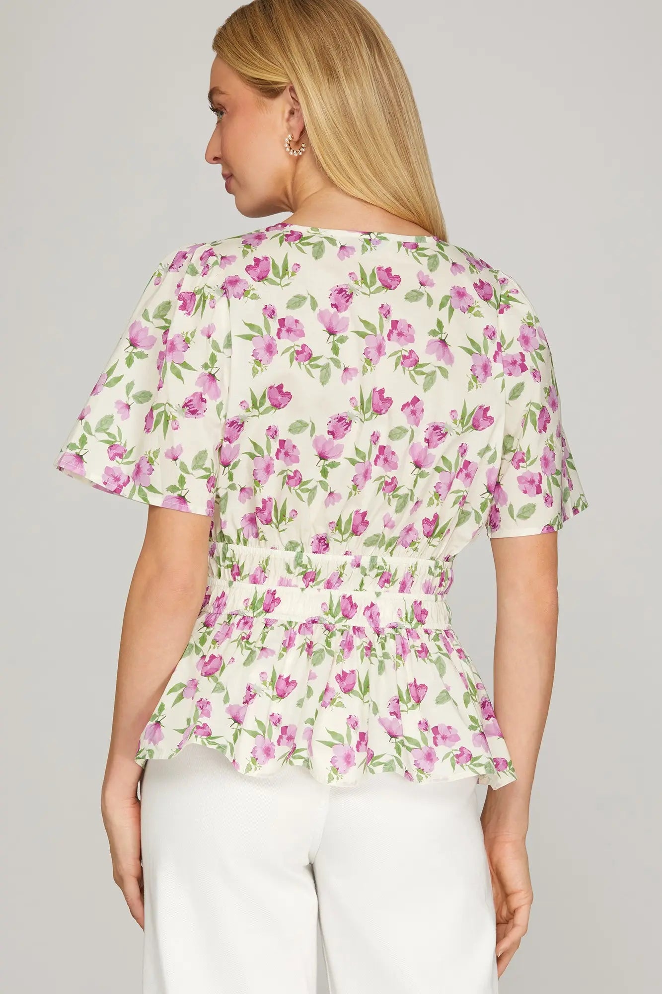 SHORT SLEEVE WOVEN PRINT TOP