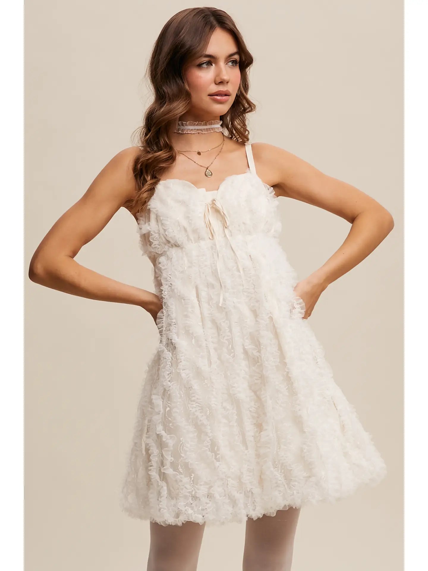 Fluffy Mesh Lace Layered Mini Dress