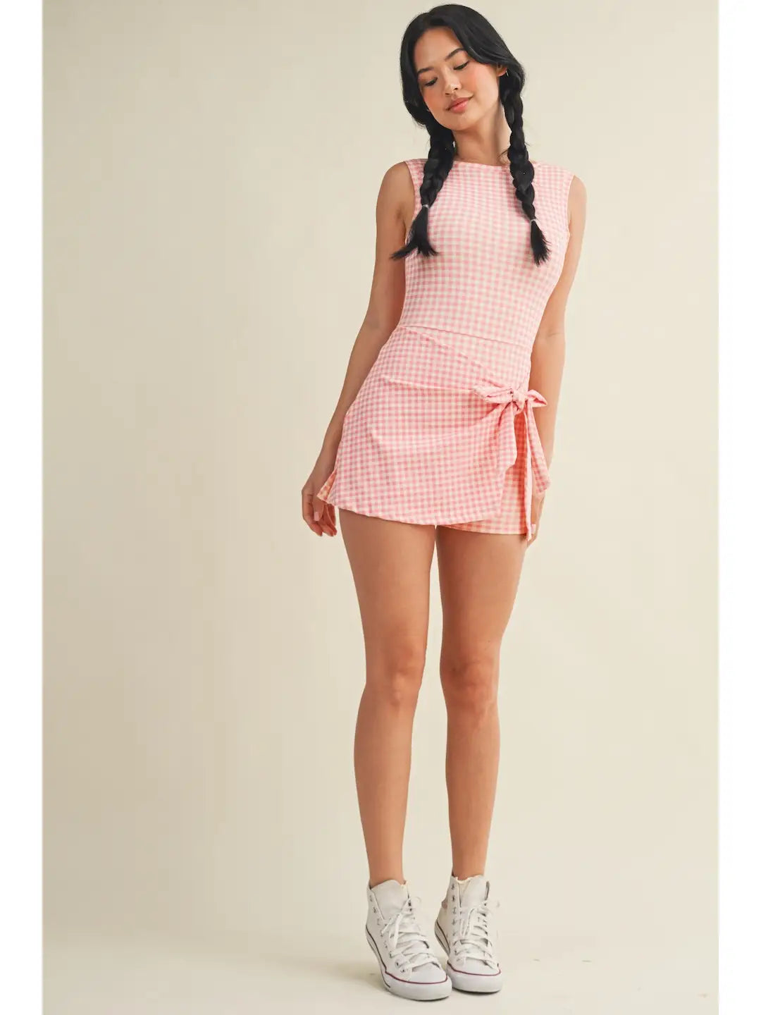 Gingham Print Sleeveless Wrap Tie Front Dress