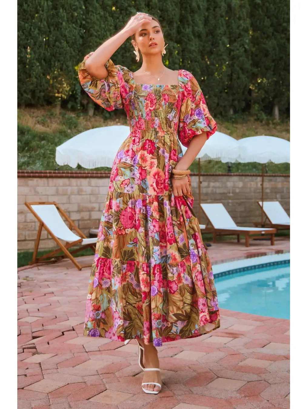 Printed Maxi Dress with Short Bubble Sleeve M
