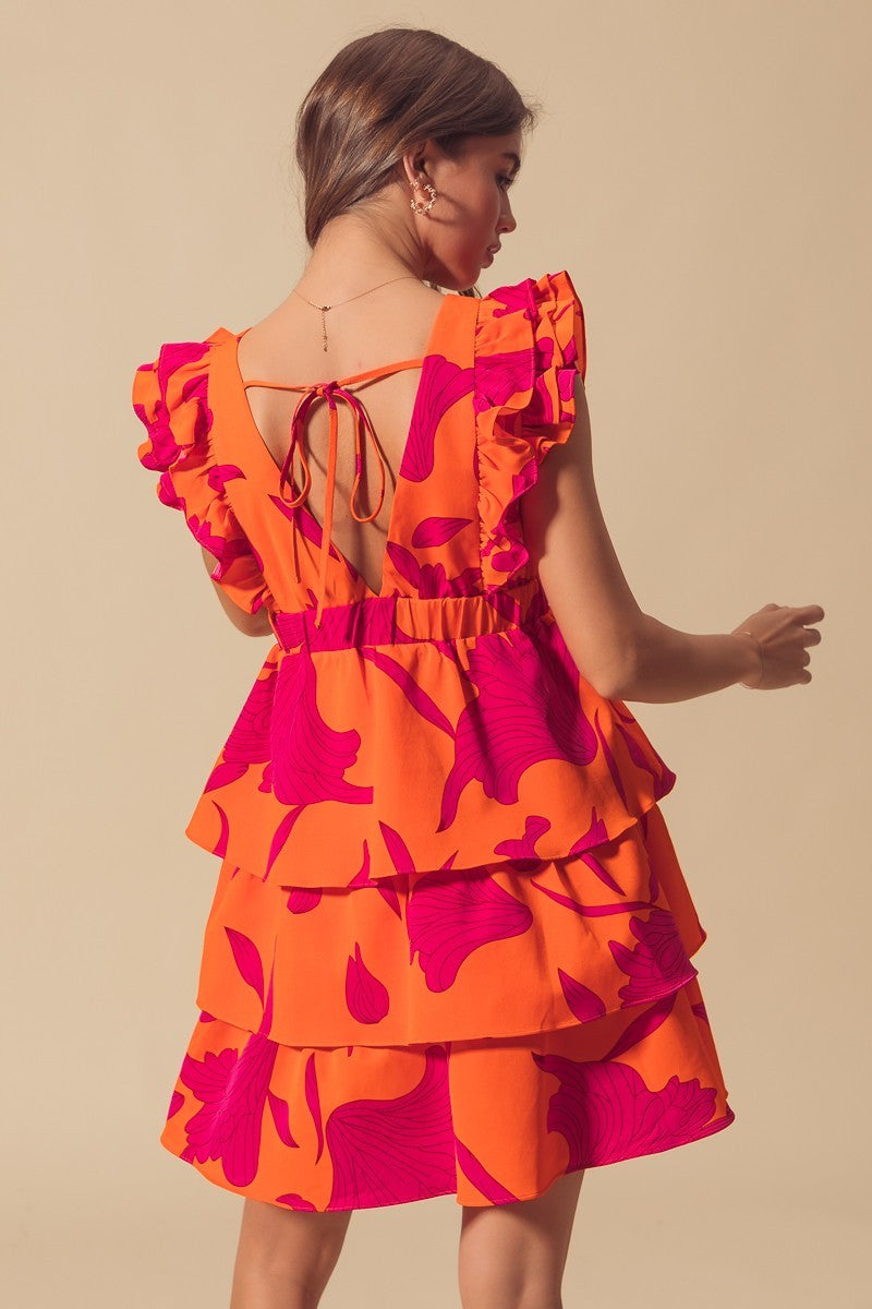 Floral V Neck Dress With Elasticized Waist