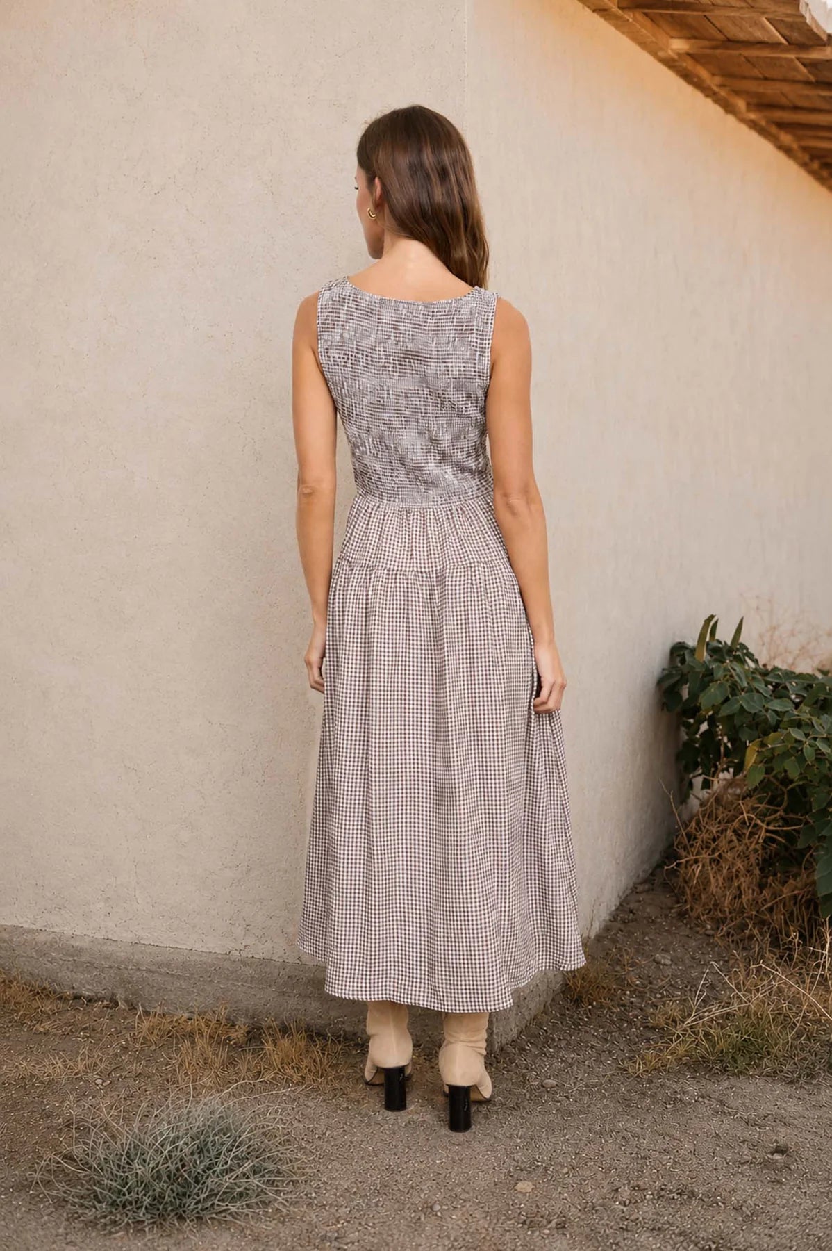 SMOCKED GINGHAM TIERED SLEEVELESS MIDI DRESS