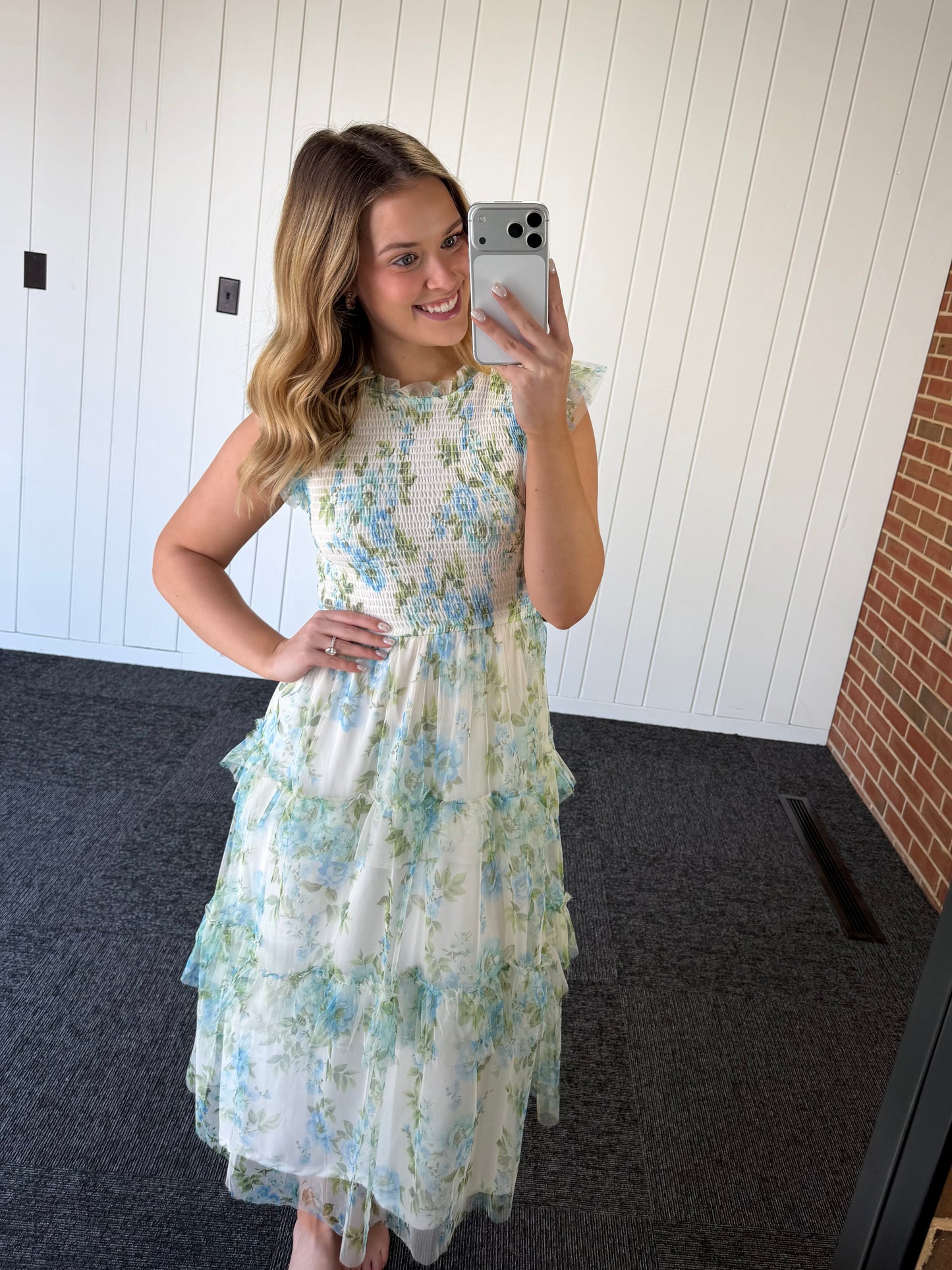 FLORAL TULLE PATTERN SMOCKED TIERED MIDI DRESS