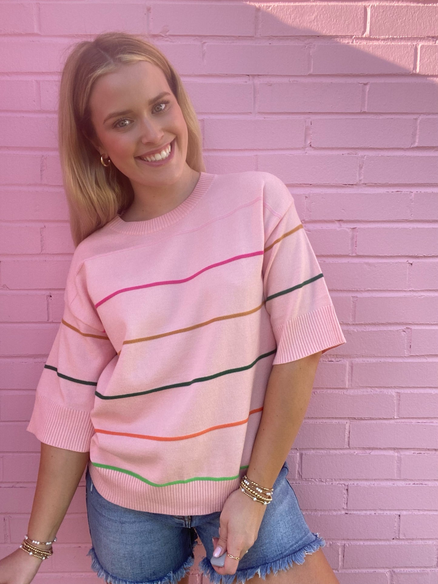 Pink Stripe Half Sleeve Sweater