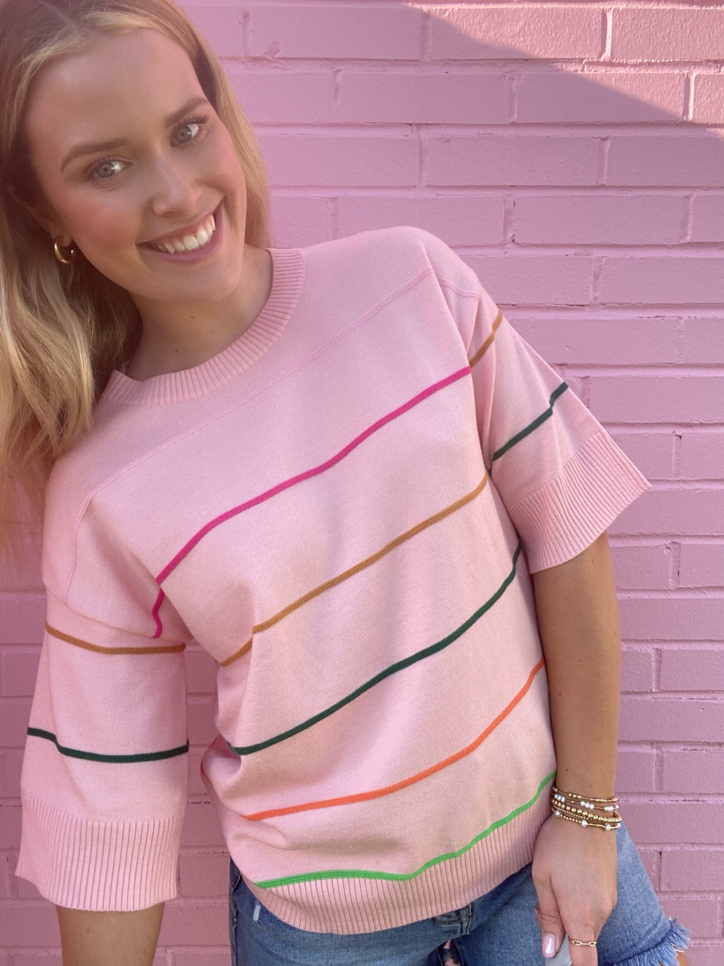 Pink Stripe Half Sleeve Sweater
