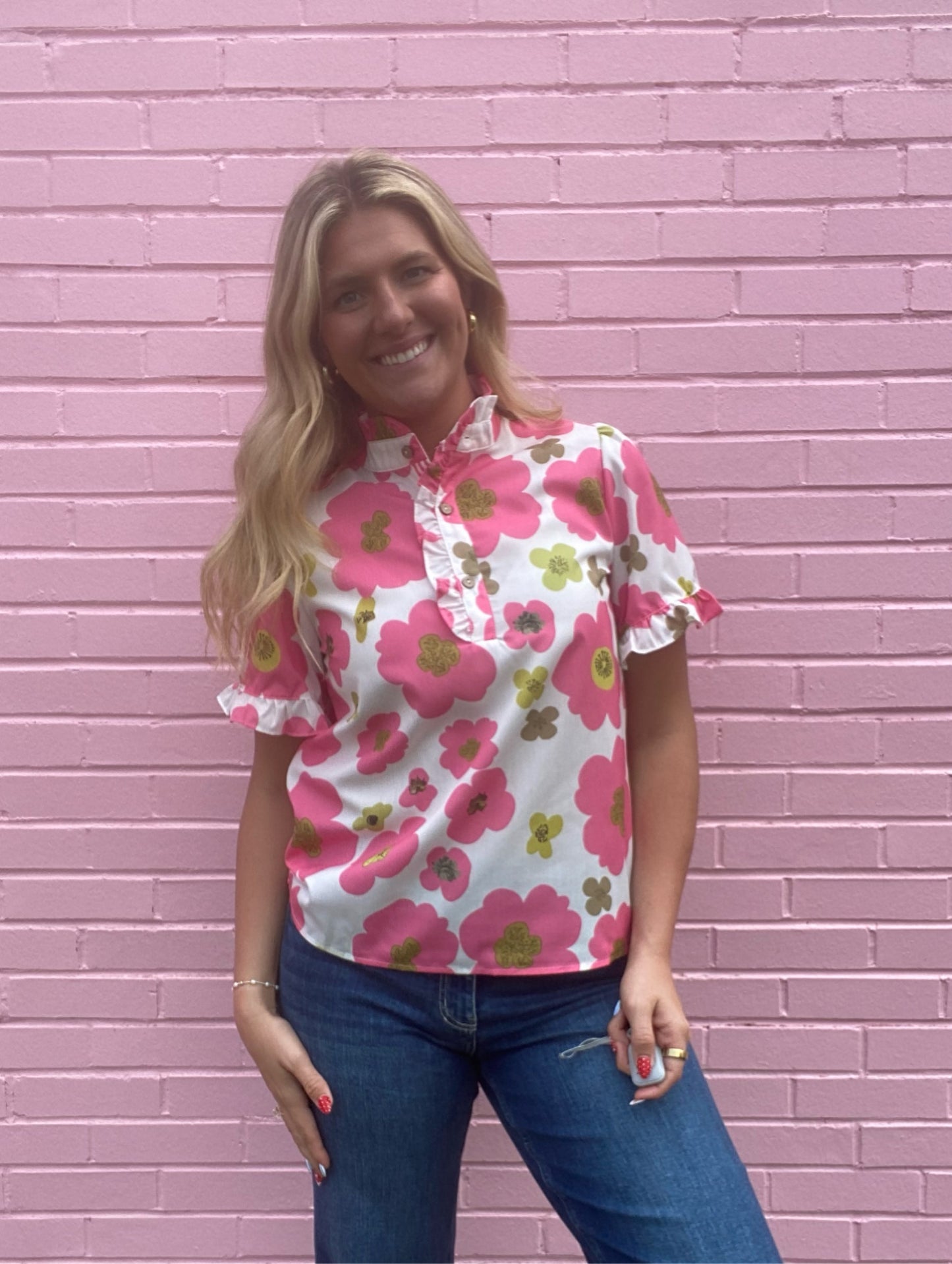 Pink and Green Floral Blouse
