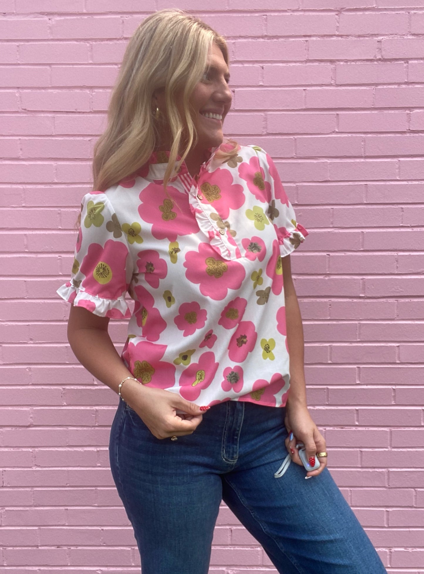 Pink and Green Floral Blouse