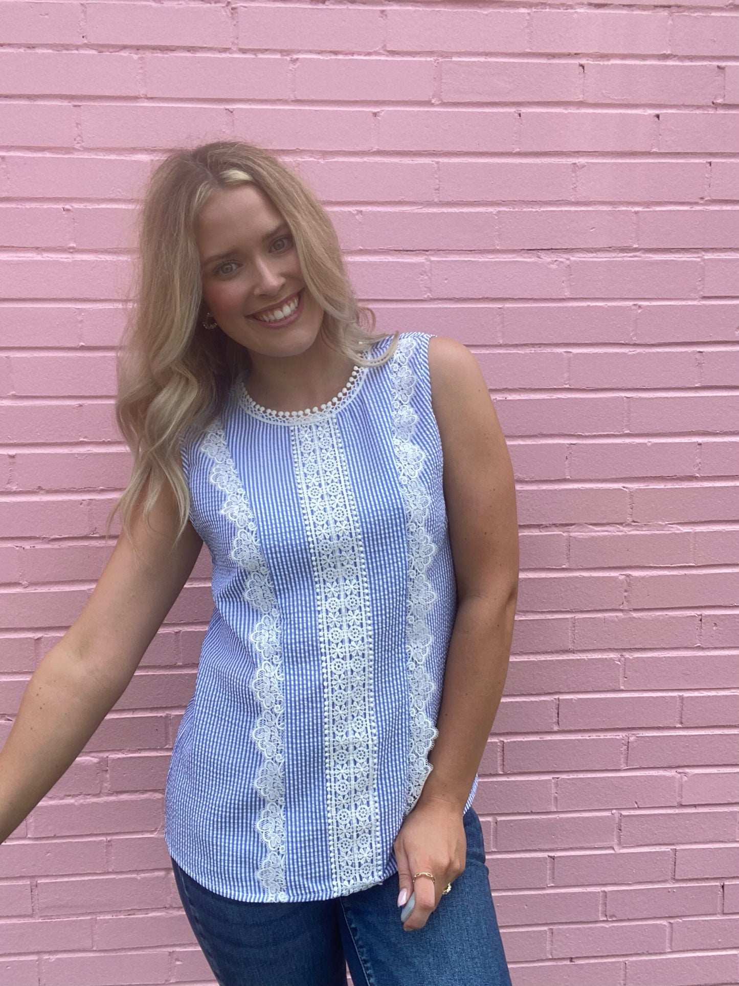 Blue Tank w/ Lace Detail