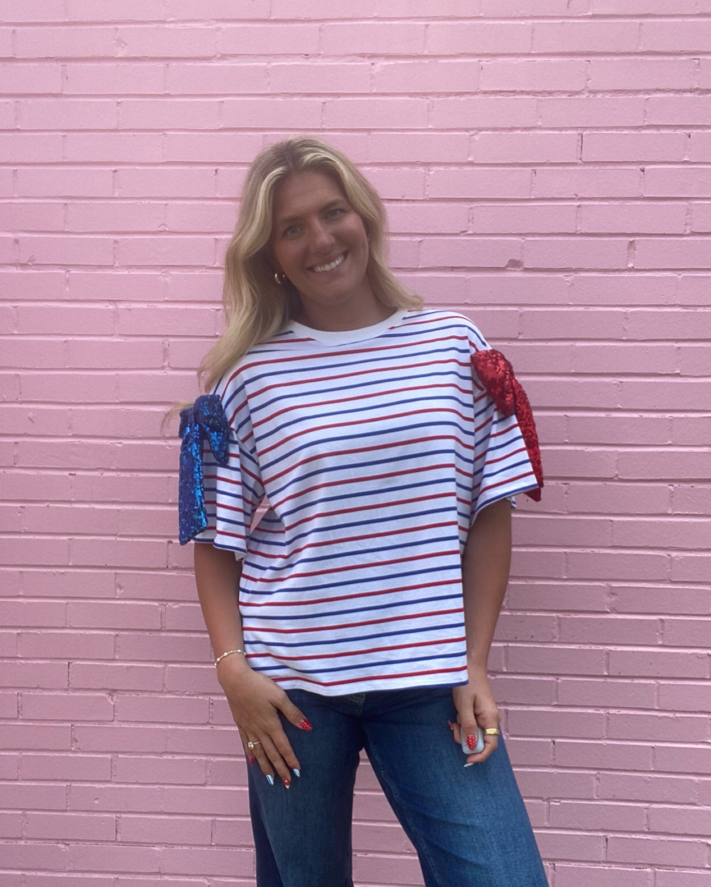 Red, White, and Blue Stripe Shirt w/ Bow Detail