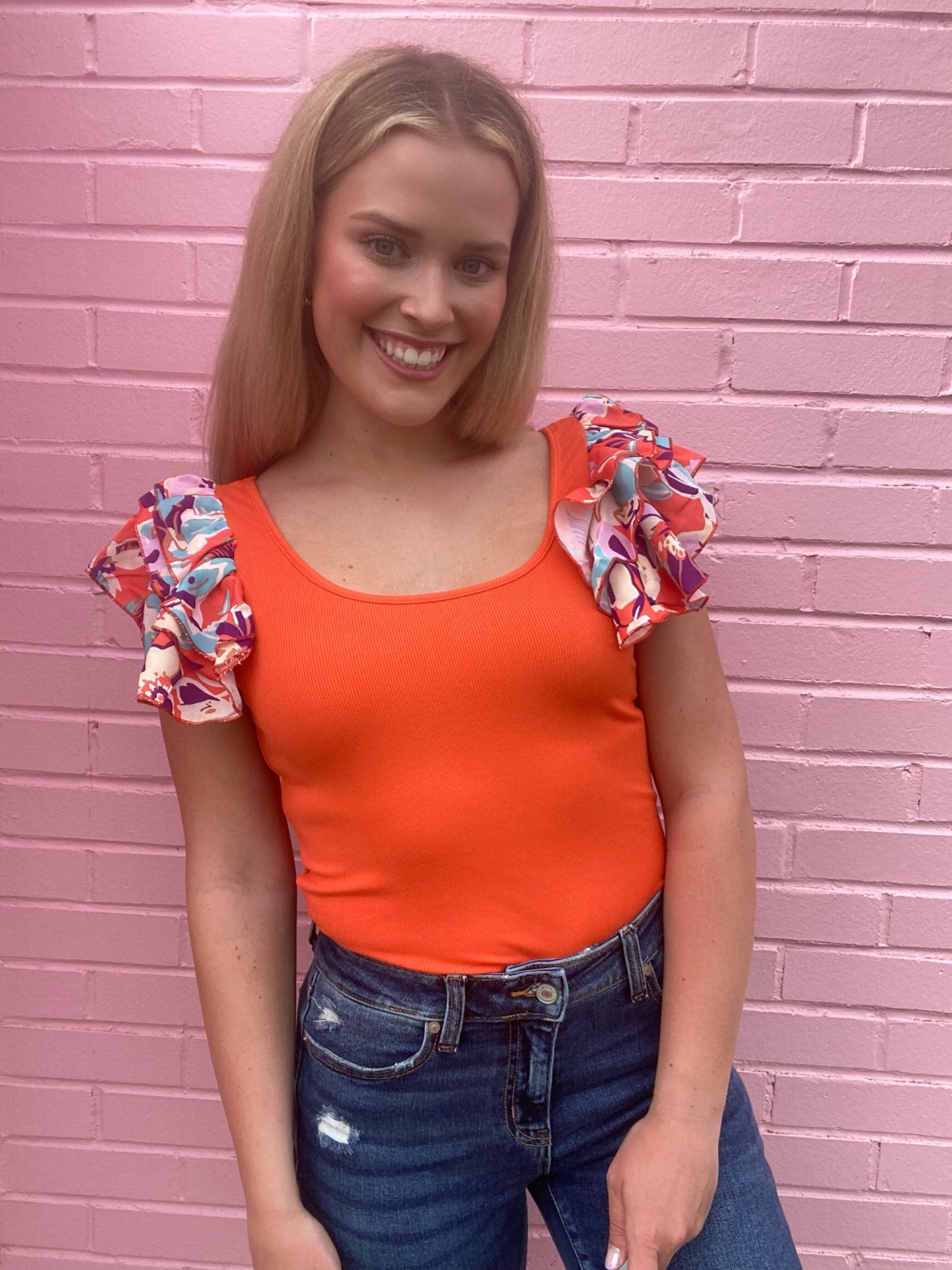 Orange Bodysuit w/ Ruffle Sleeve