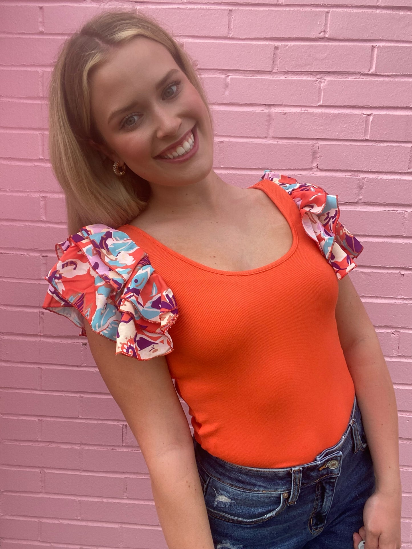 Orange Bodysuit w/ Ruffle Sleeve