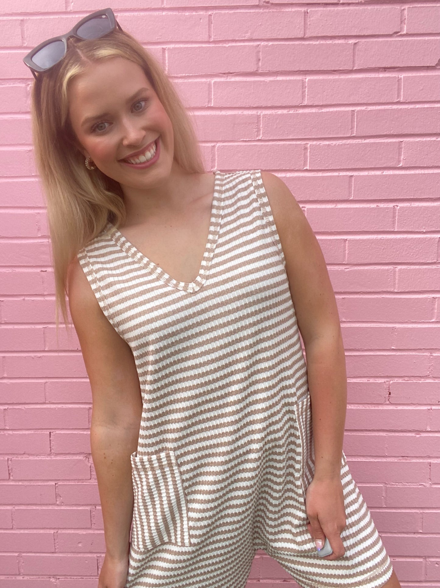 Taupe Stripe Romper w/ Pockets
