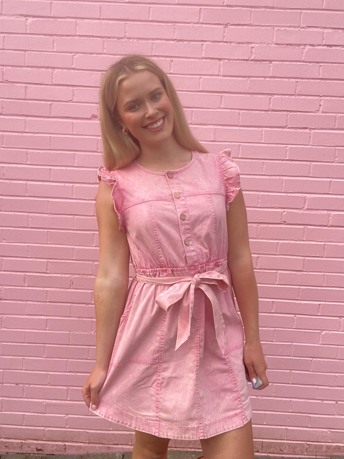 Pink Denim Dress w/ Ruffle Cap Sleeve