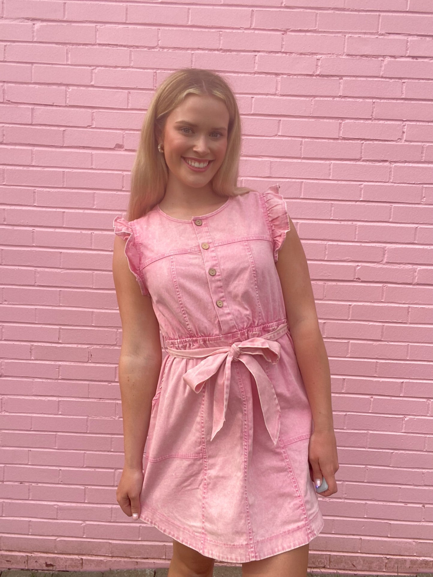 Pink Denim Dress w/ Ruffle Cap Sleeve