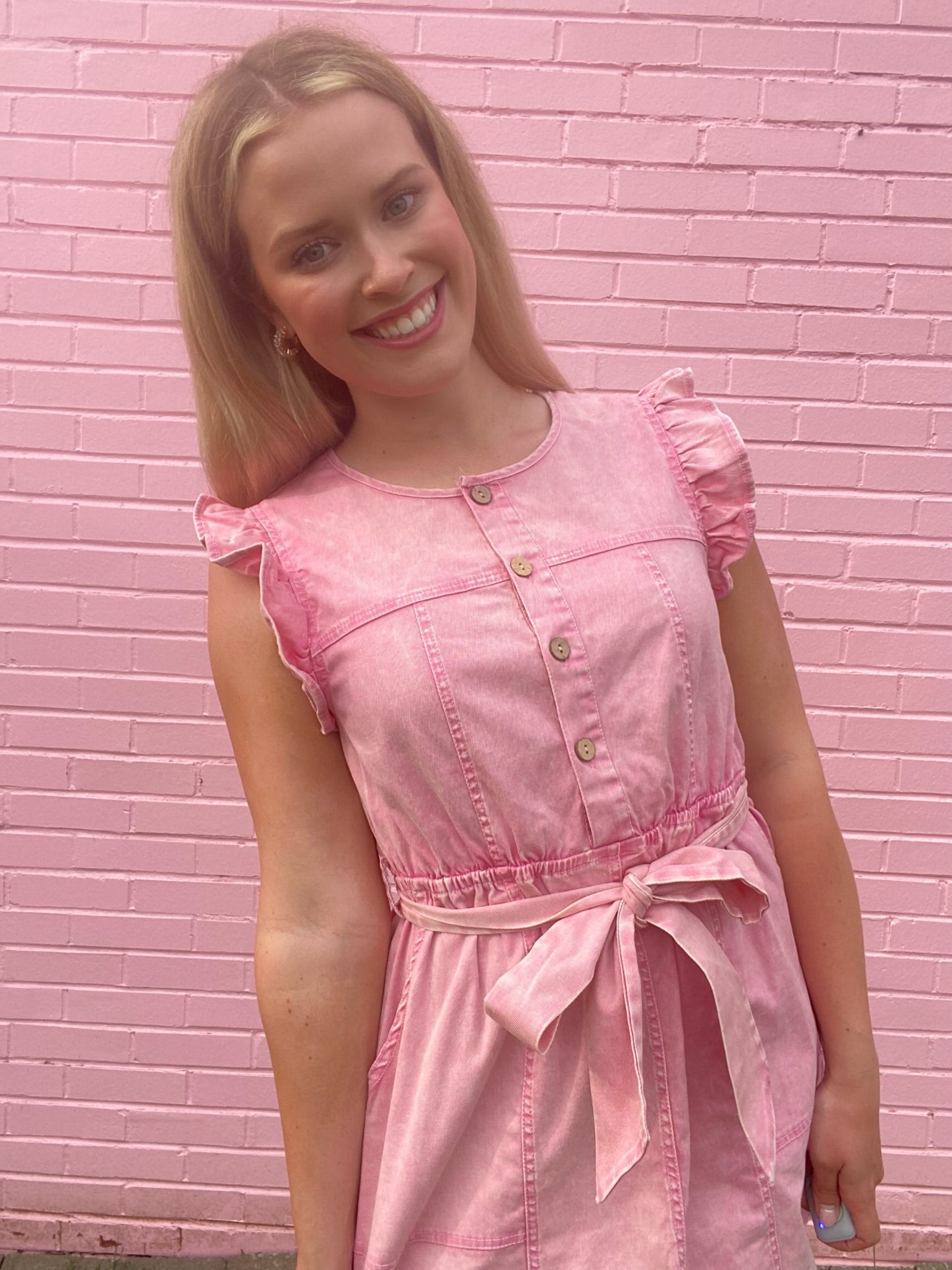 Pink Denim Dress w/ Ruffle Cap Sleeve