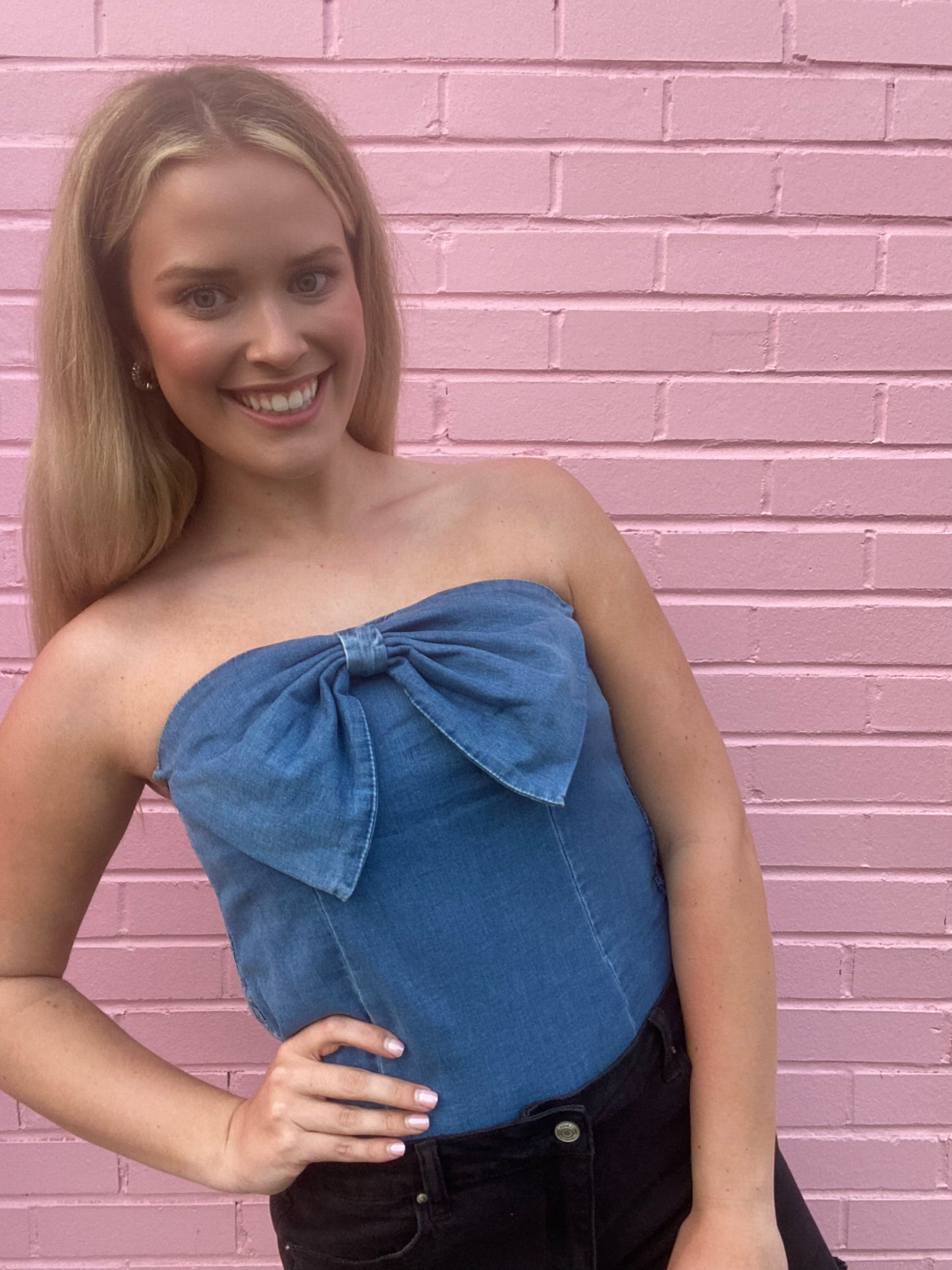 Denim Bow Strapless Top