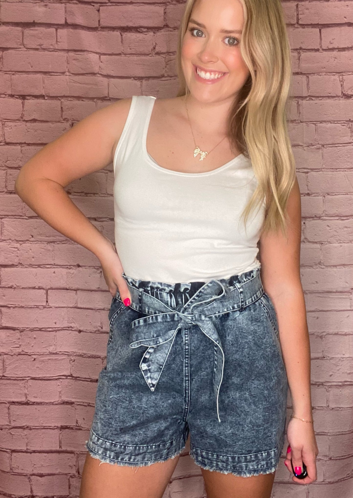 Denim Shorts with Bow Tie Detail