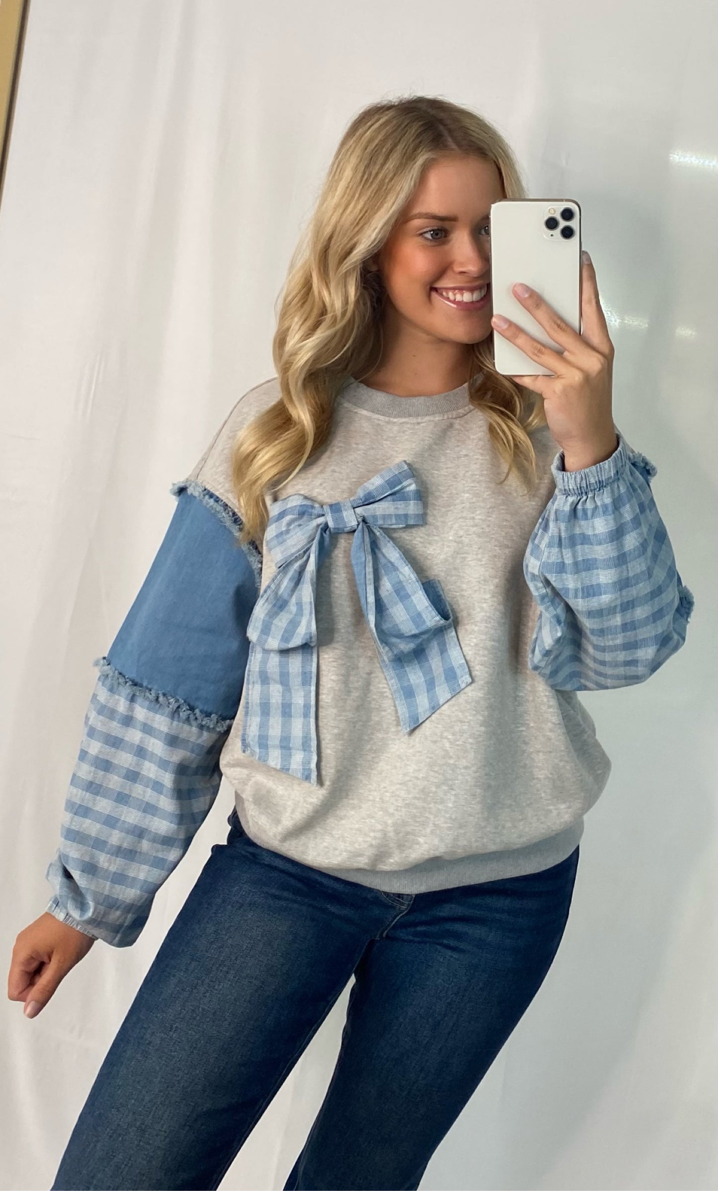 Denim Contrast Top with Bow
