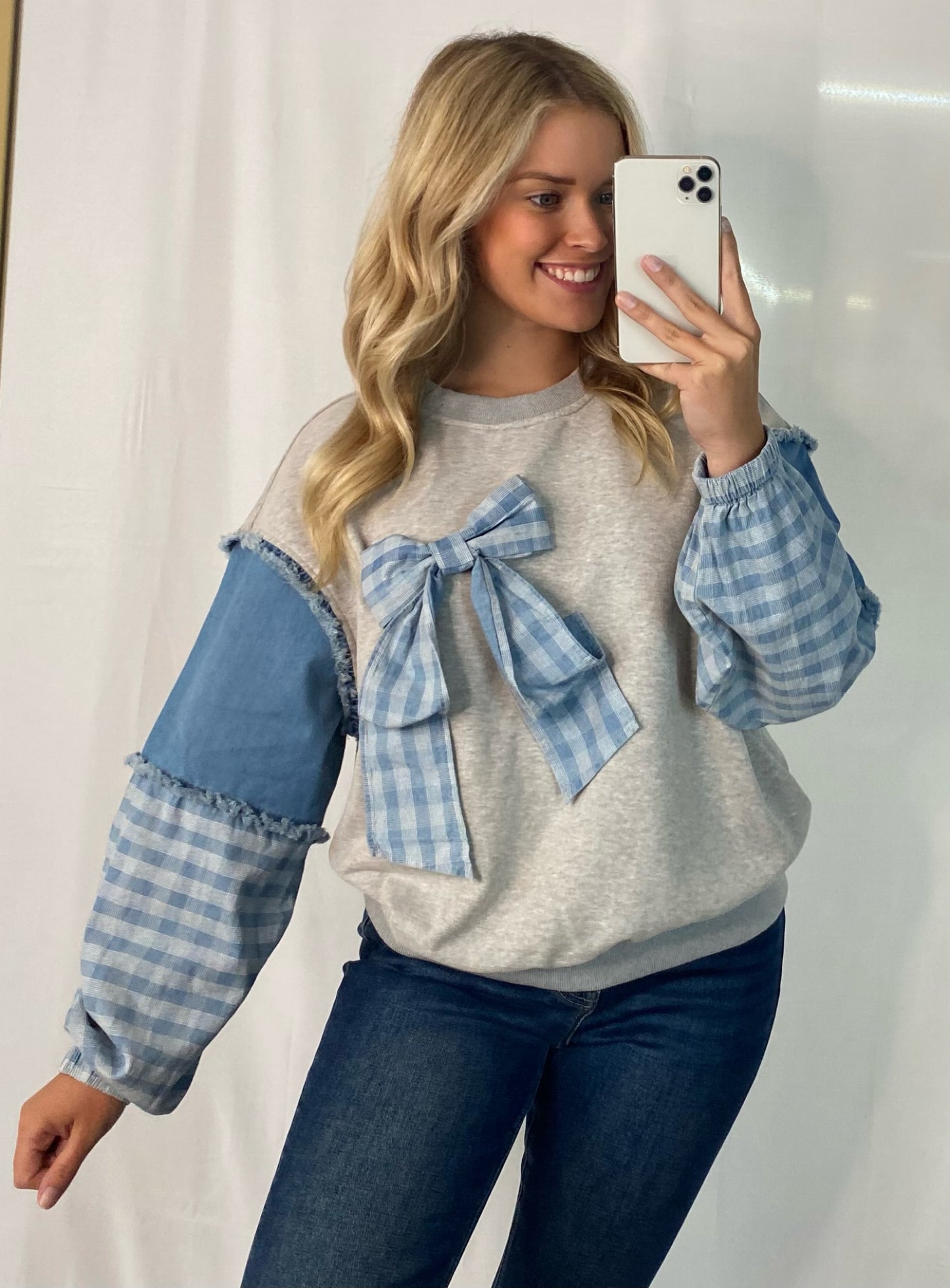 Denim Contrast Top with Bow