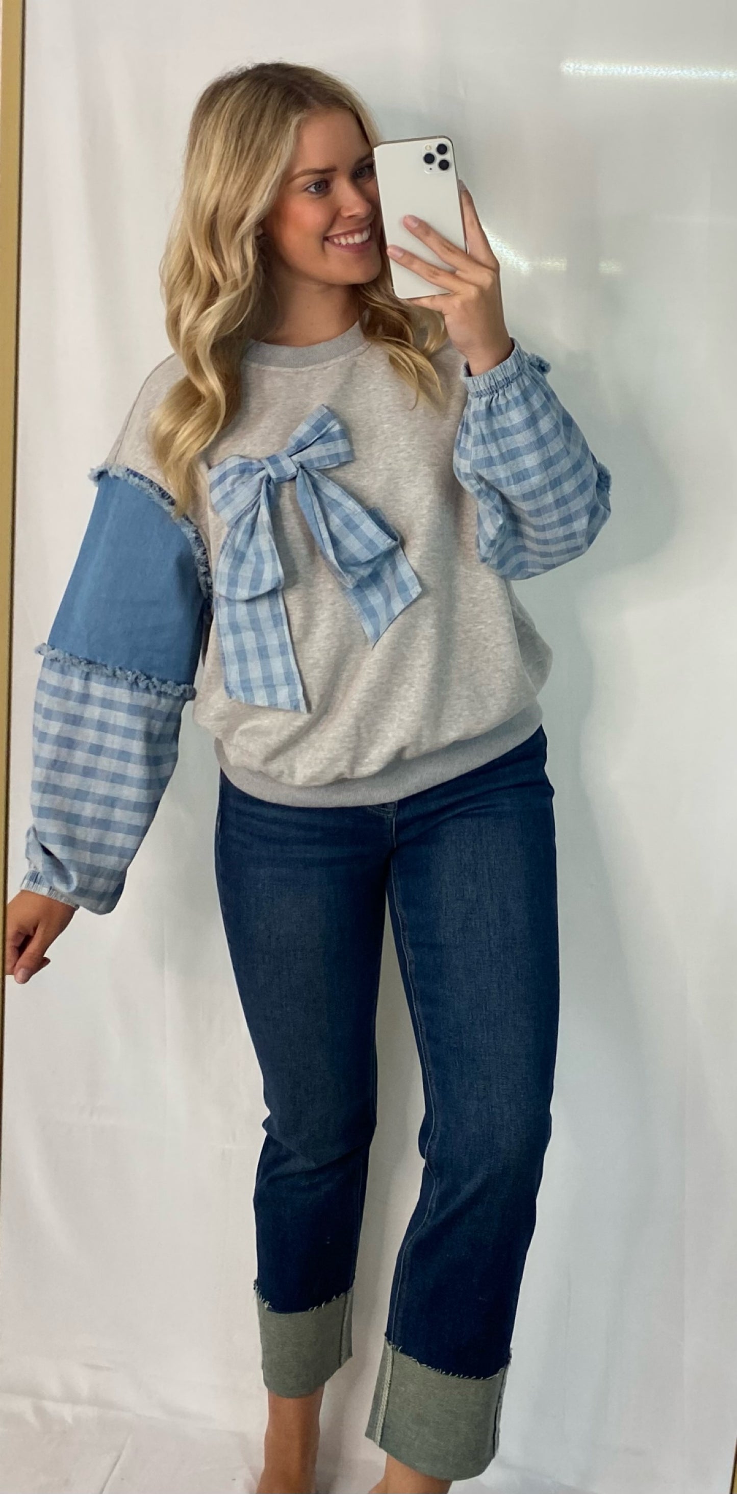 Denim Contrast Top with Bow