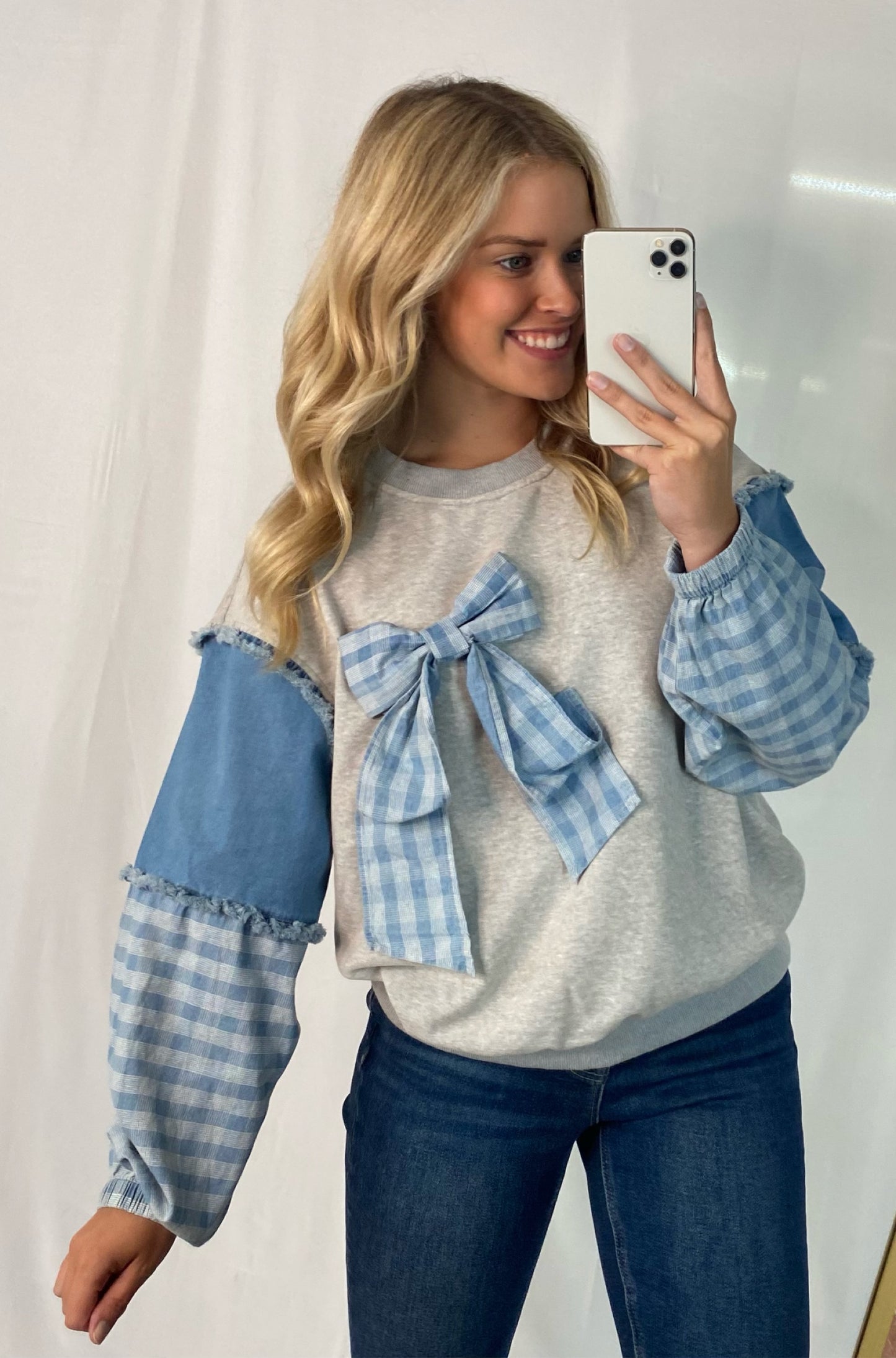 Denim Contrast Top with Bow