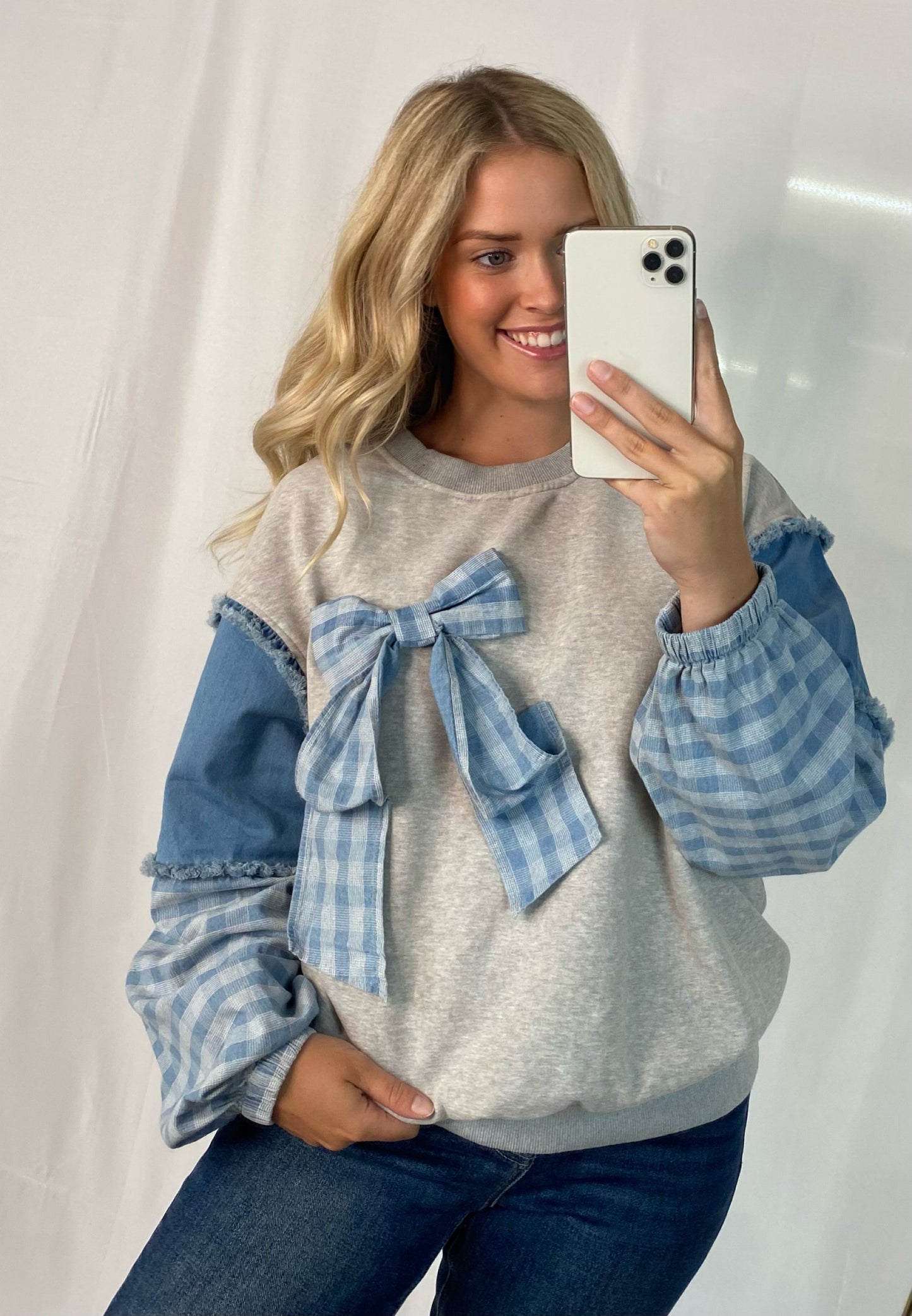 Denim Contrast Top with Bow