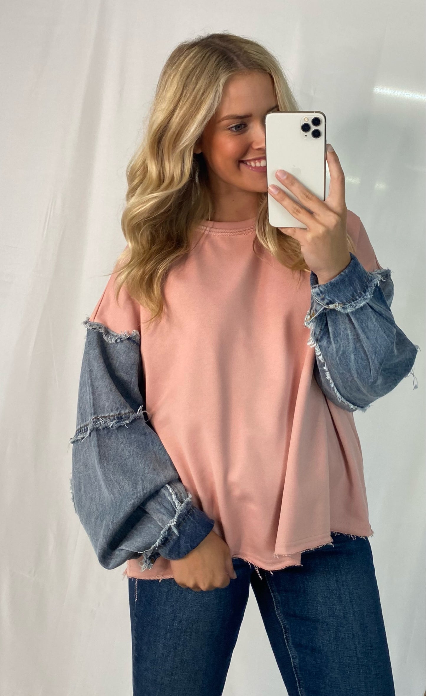 Pink Top with Denim Sleeves