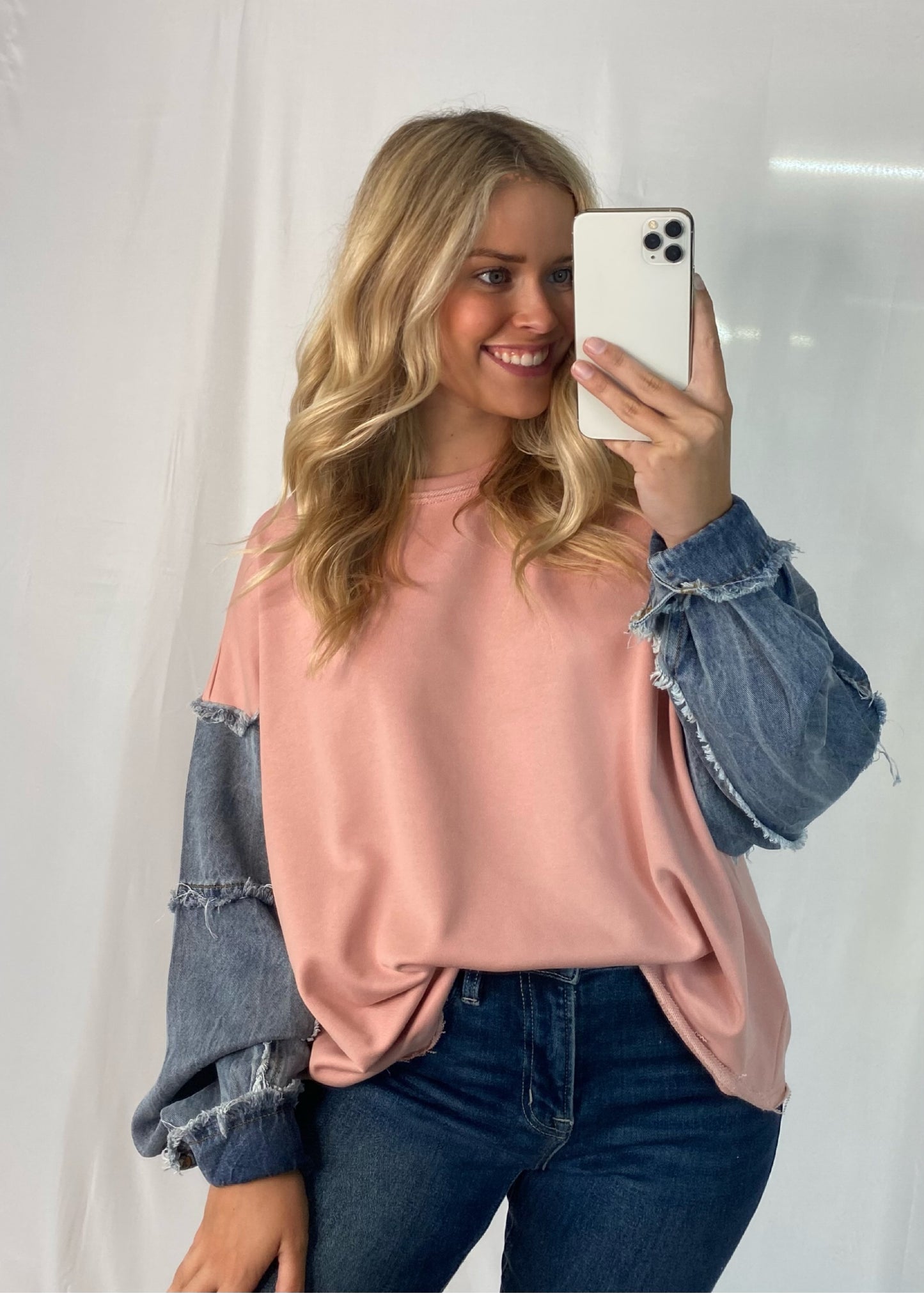 Pink Top with Denim Sleeves