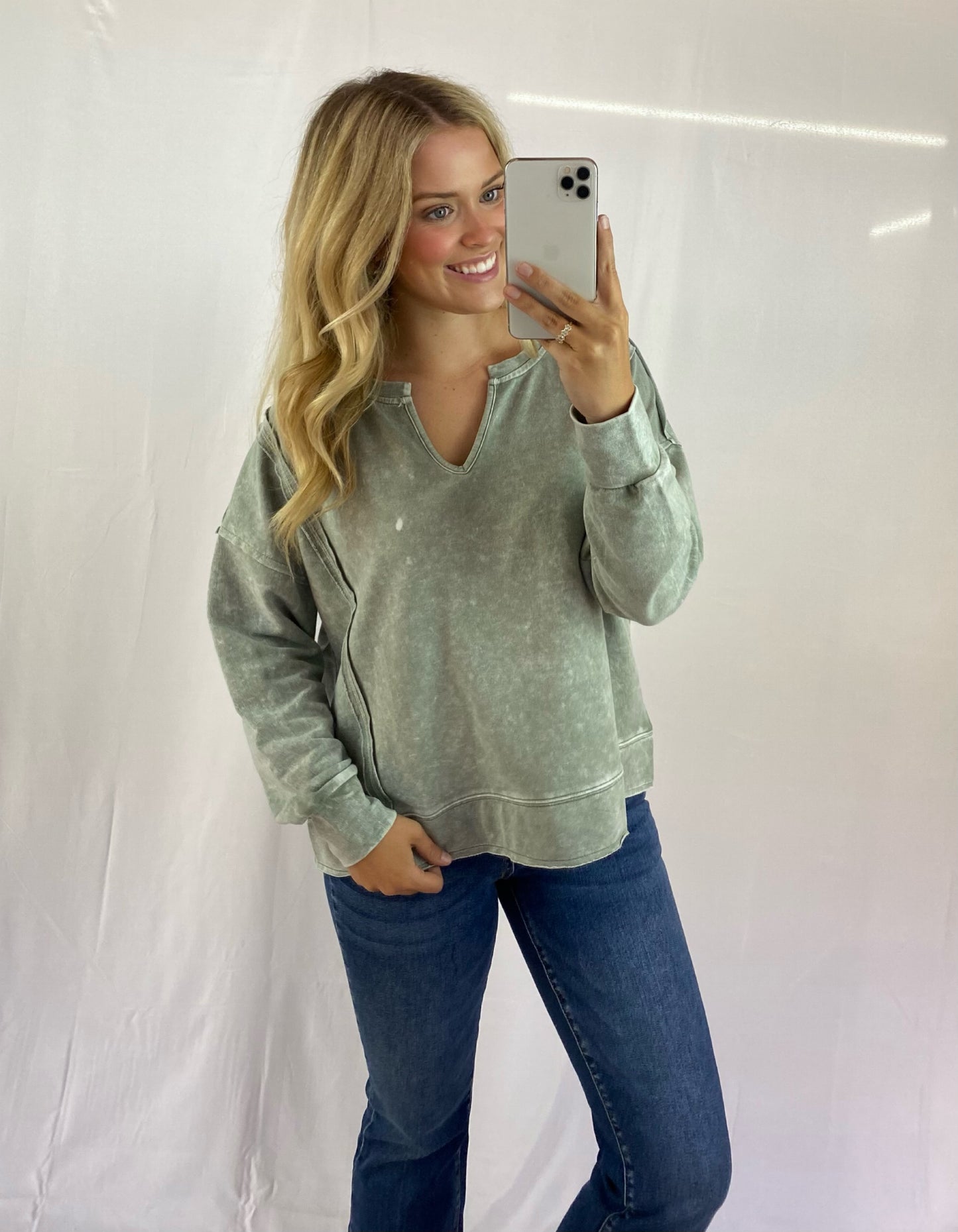 Distressed Long Sleeve V-Neck Top