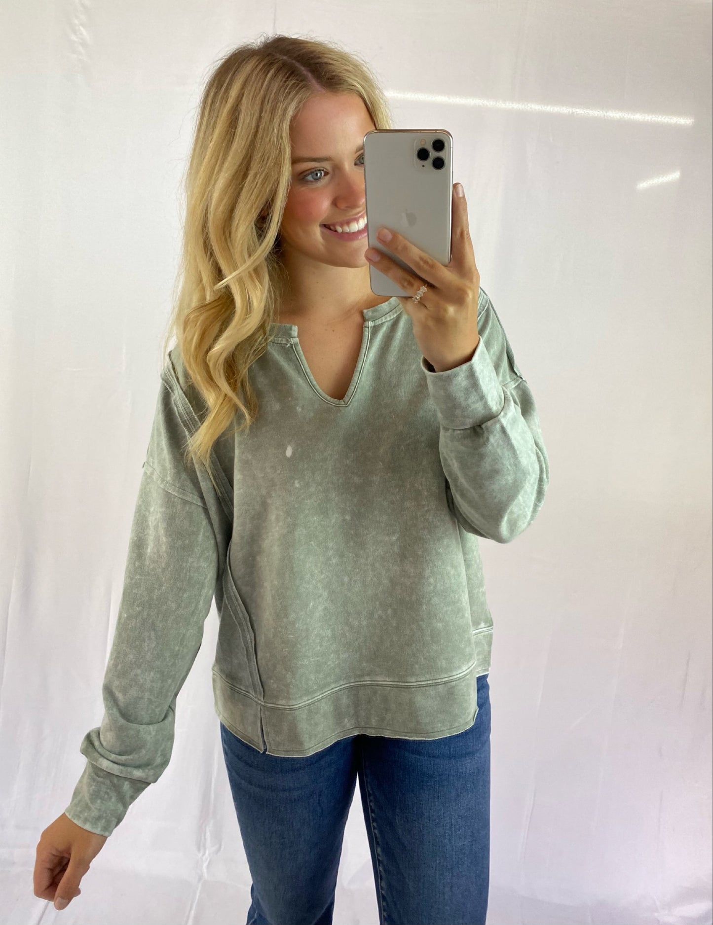 Distressed Long Sleeve V-Neck Top