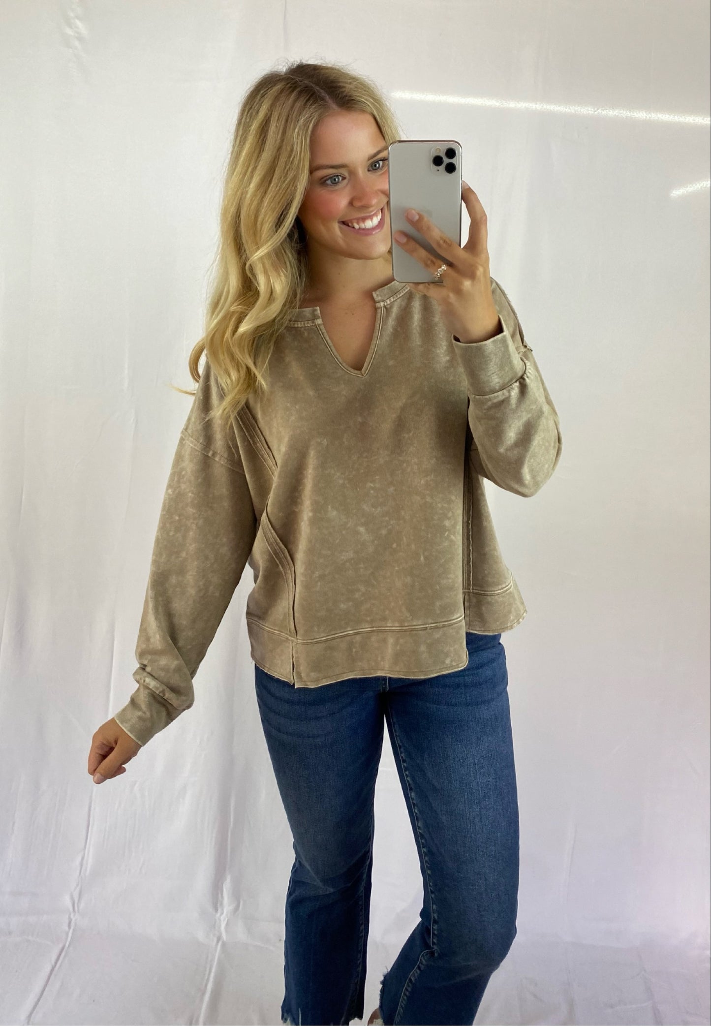 Distressed Long Sleeve V-Neck Top