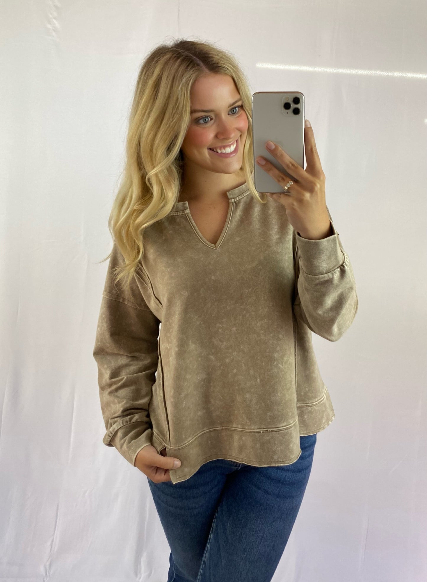 Distressed Long Sleeve V-Neck Top