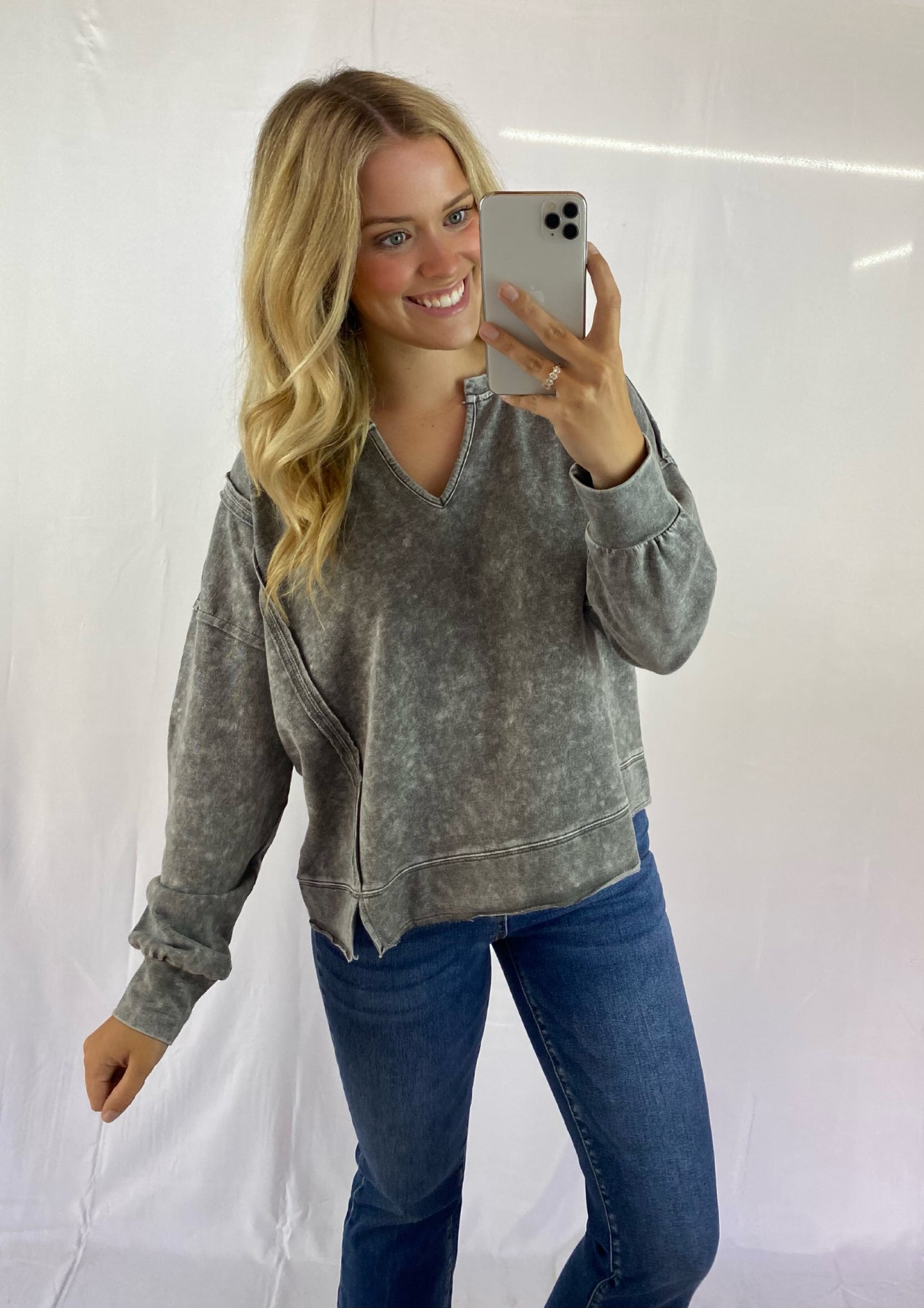 Distressed Long Sleeve V-Neck Top