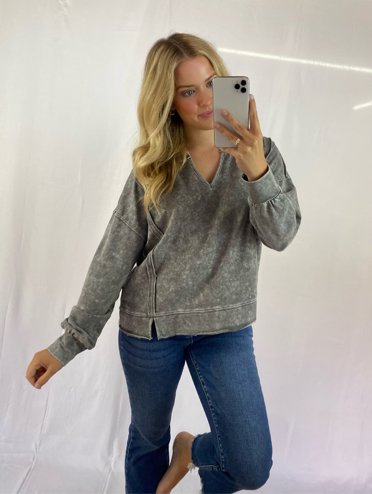 Distressed Long Sleeve V-Neck Top