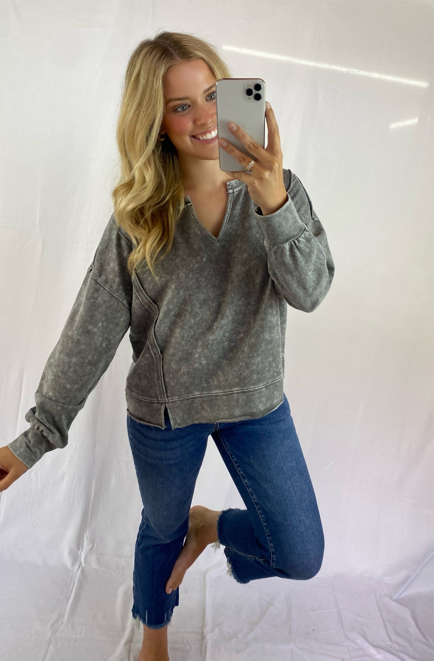 Distressed Long Sleeve V-Neck Top