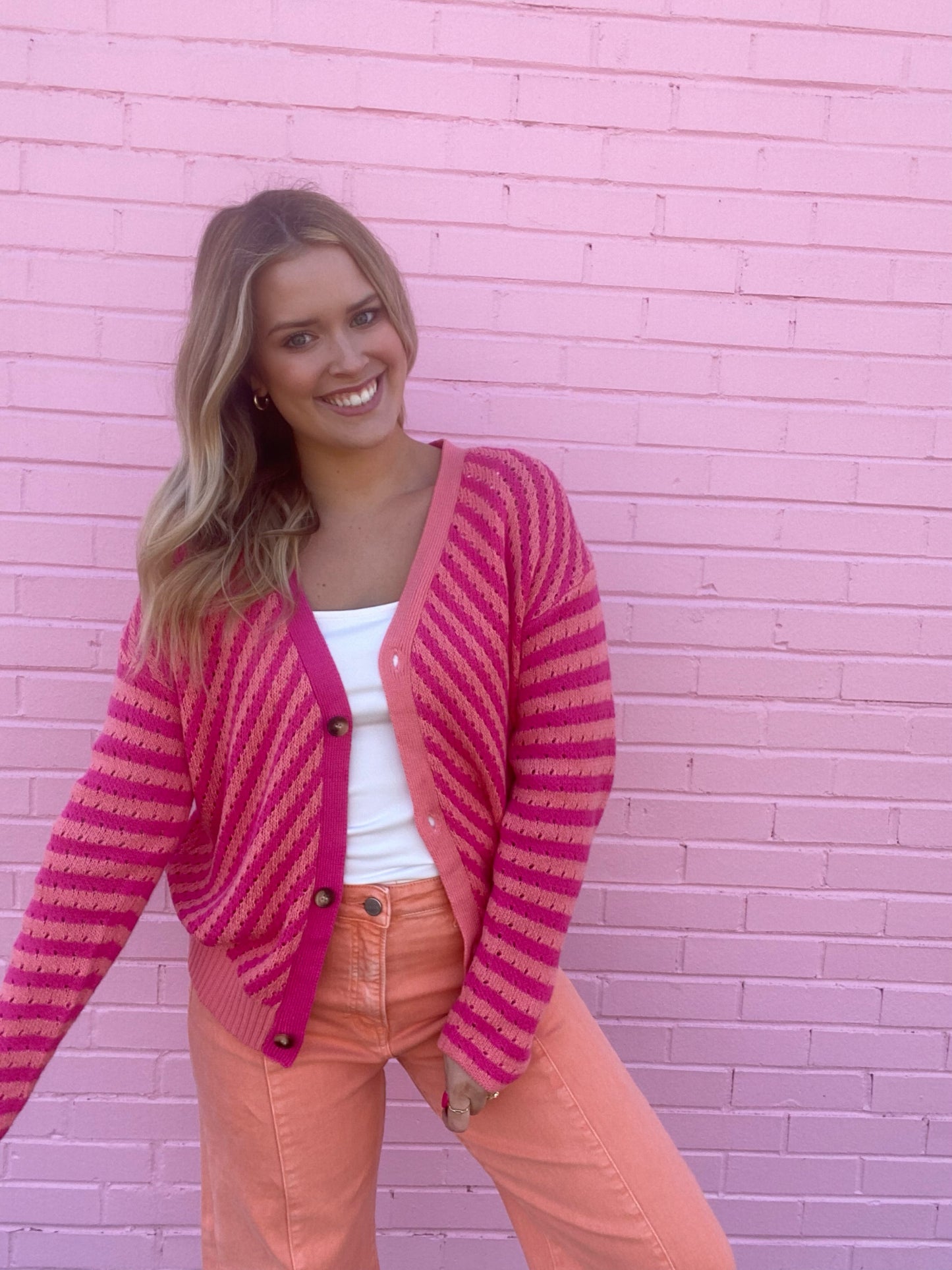 Pink Striped Button Cardigan