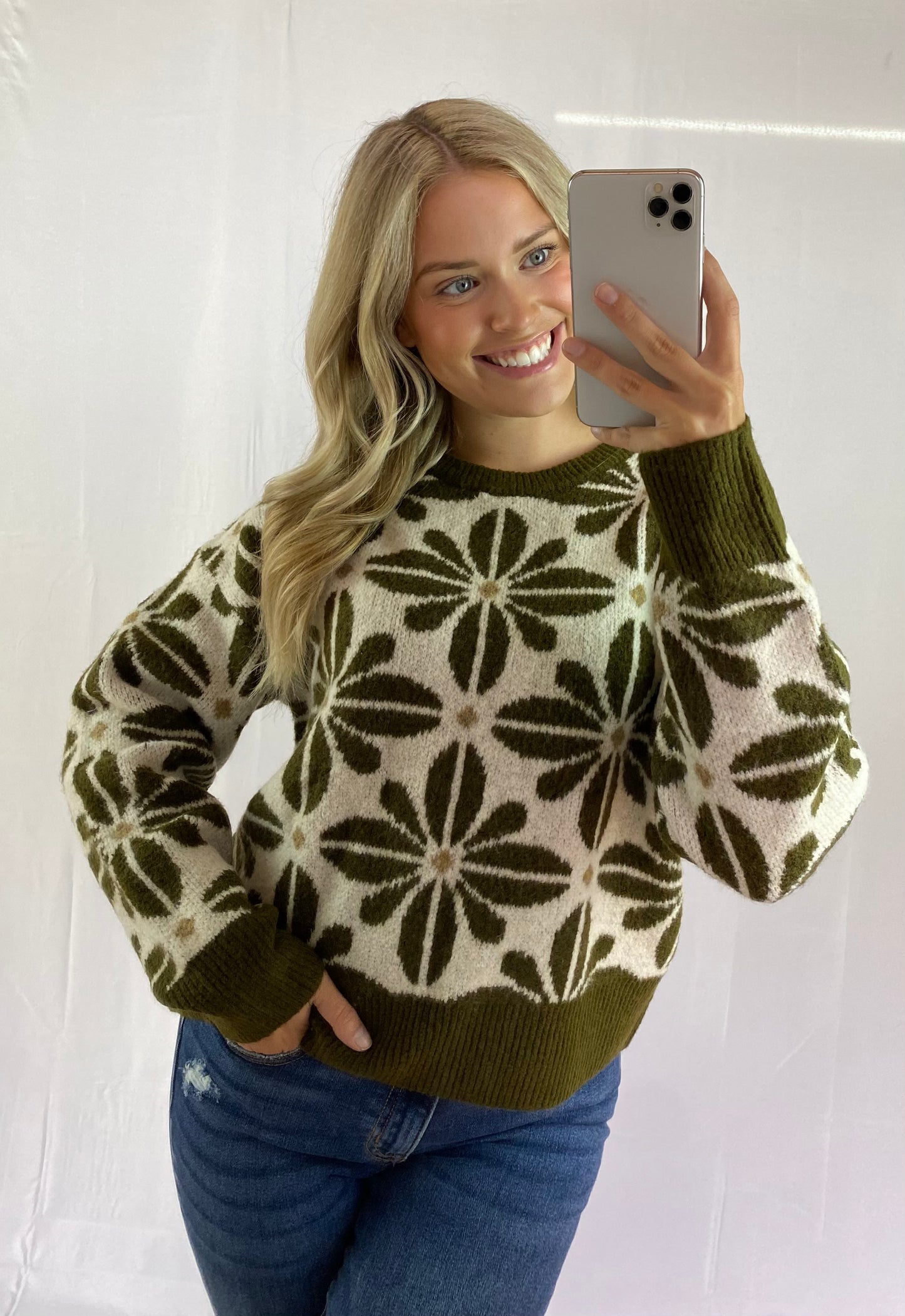 Olive Flower Pattern Sweater