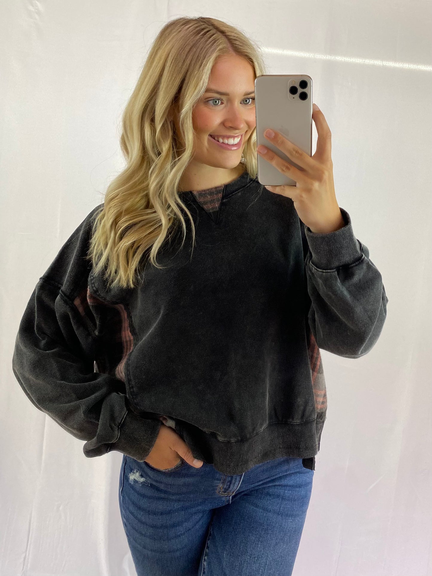 Acid Wash Sweatshirt with Plaid Contrast