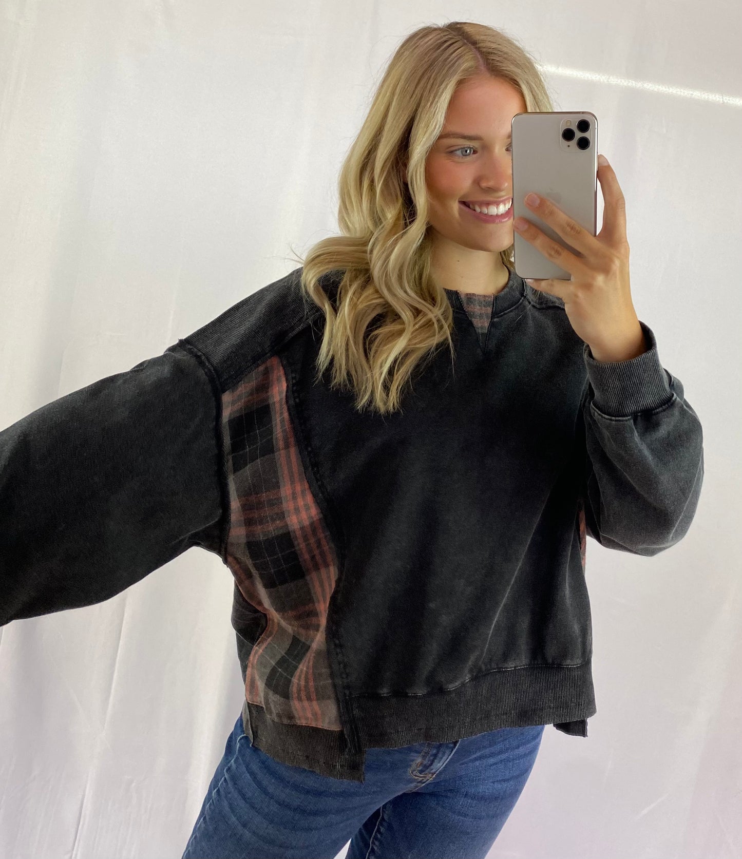 Acid Wash Sweatshirt with Plaid Contrast