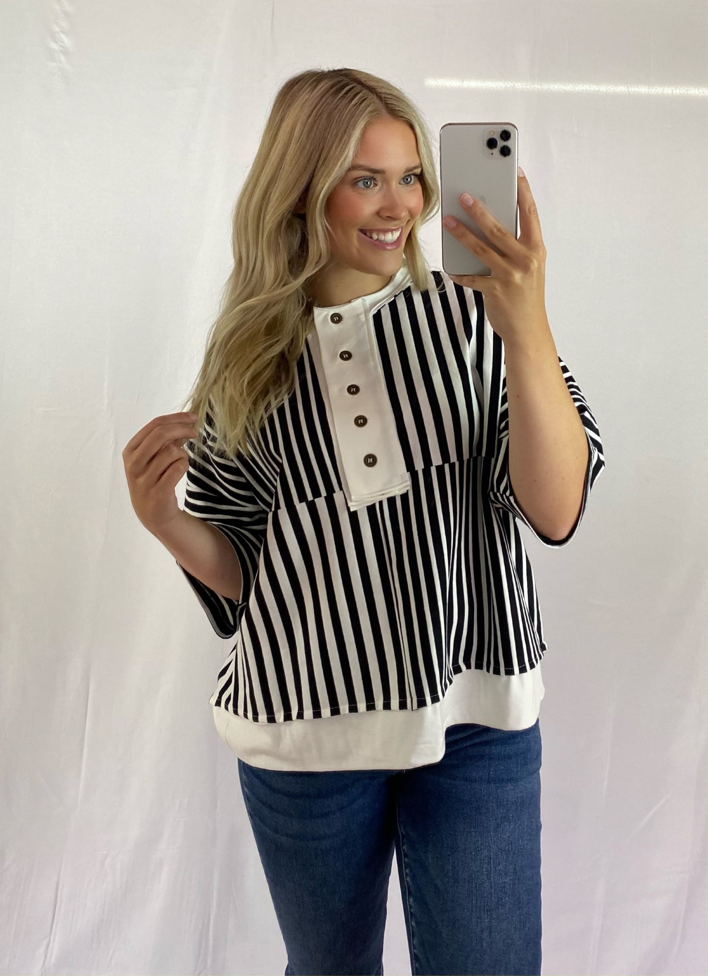 Black & White Striped Top with Front Buttons
