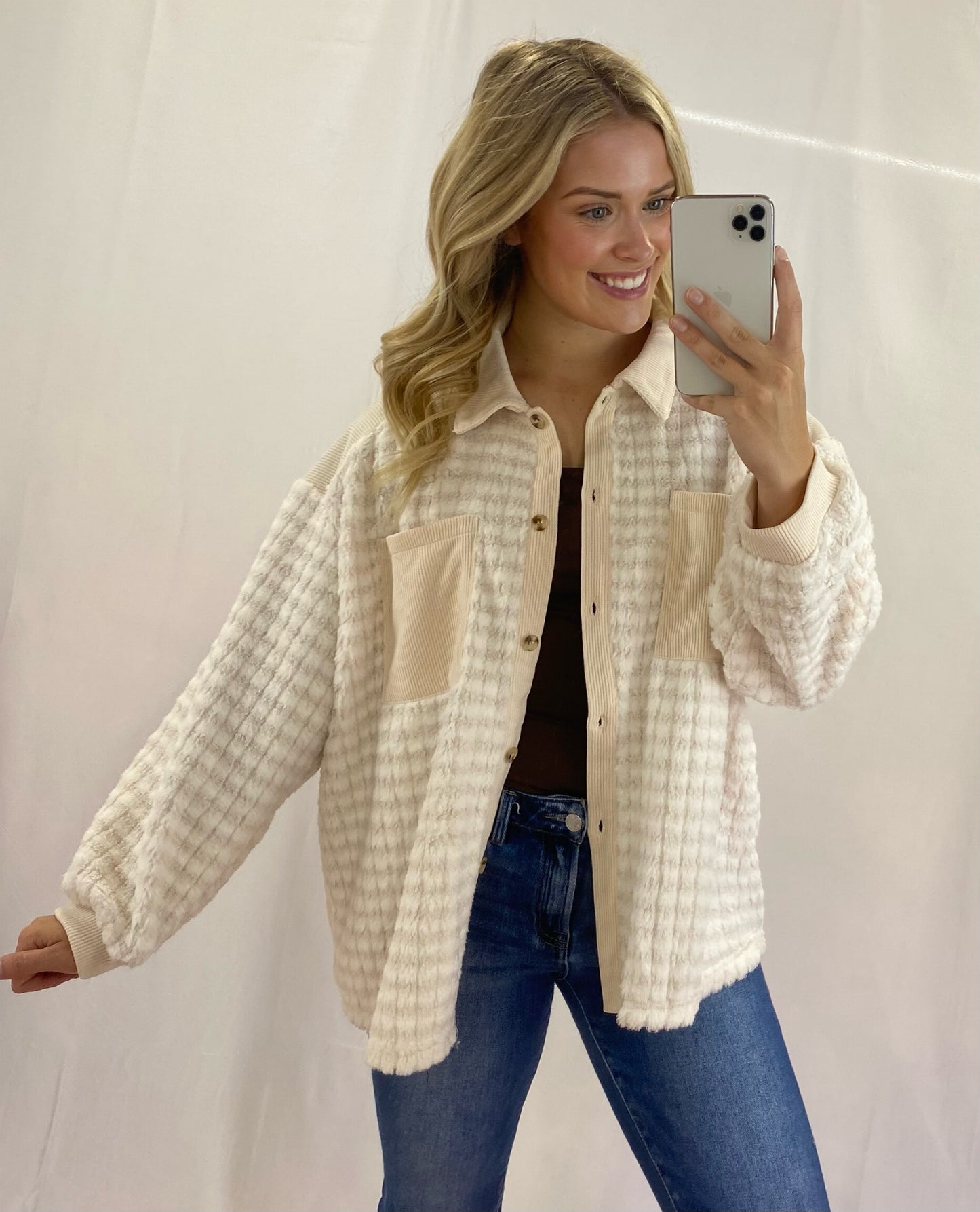 Button Up Shacket w/ Knit Contrast
